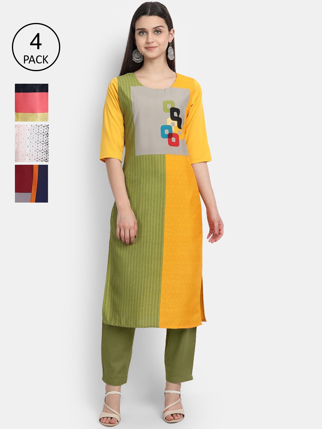 

7Threads Women Pack Of 4 Kurtas, Green