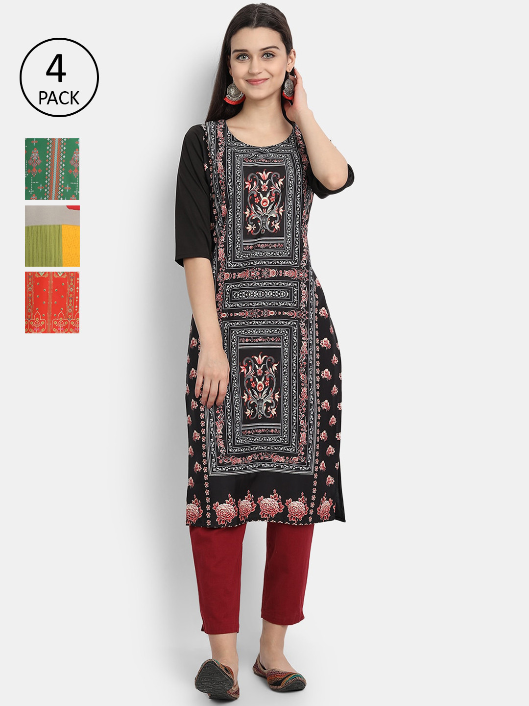 

7Threads Women Pack Of 4 Kurtas, Black