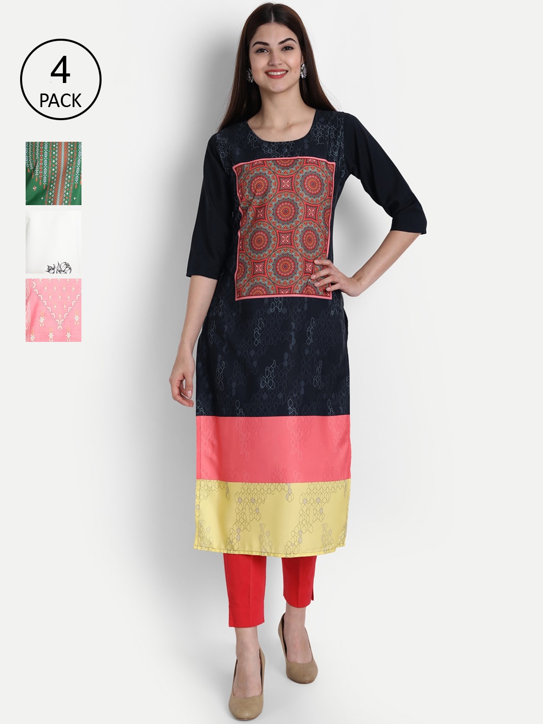 

7Threads Women Pack Of 4 Digital Print Straight Crepe Kurta, Multi