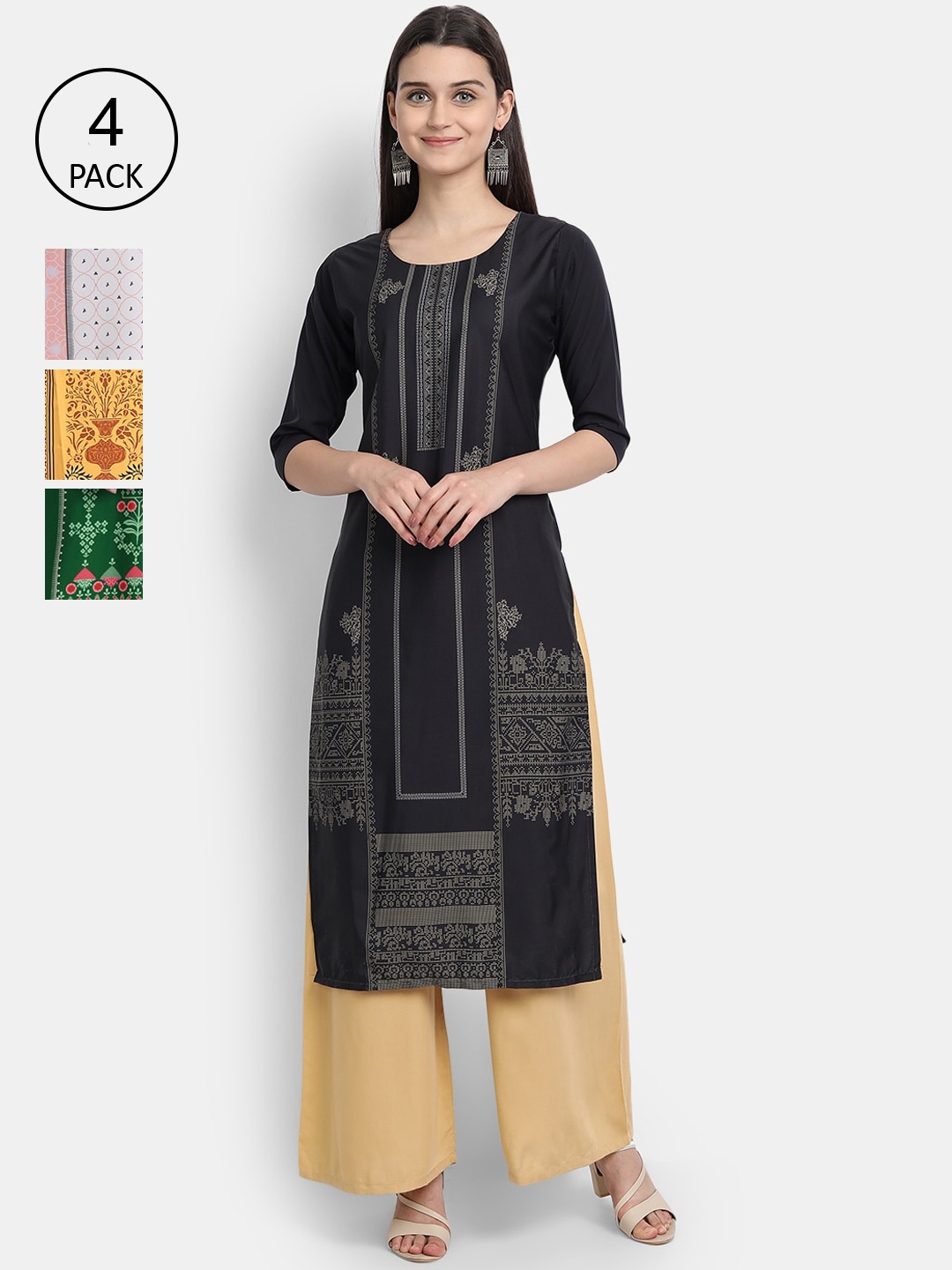 

7Threads Women Pack Of 4 Digital Print Straight Crepe Kurta, Multi