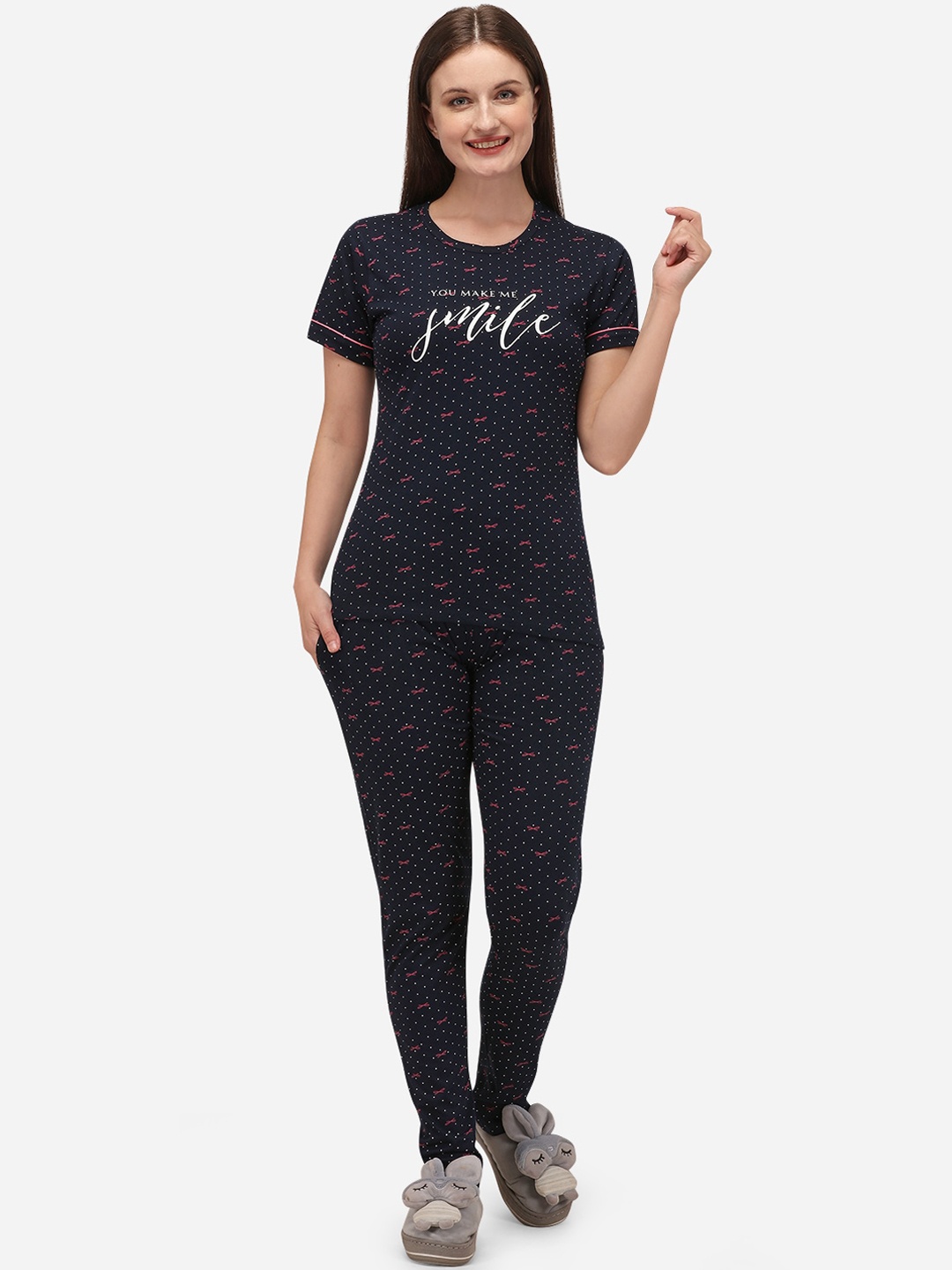 

Lenissa Women Navy Blue Pure Cotton Printed Night suit
