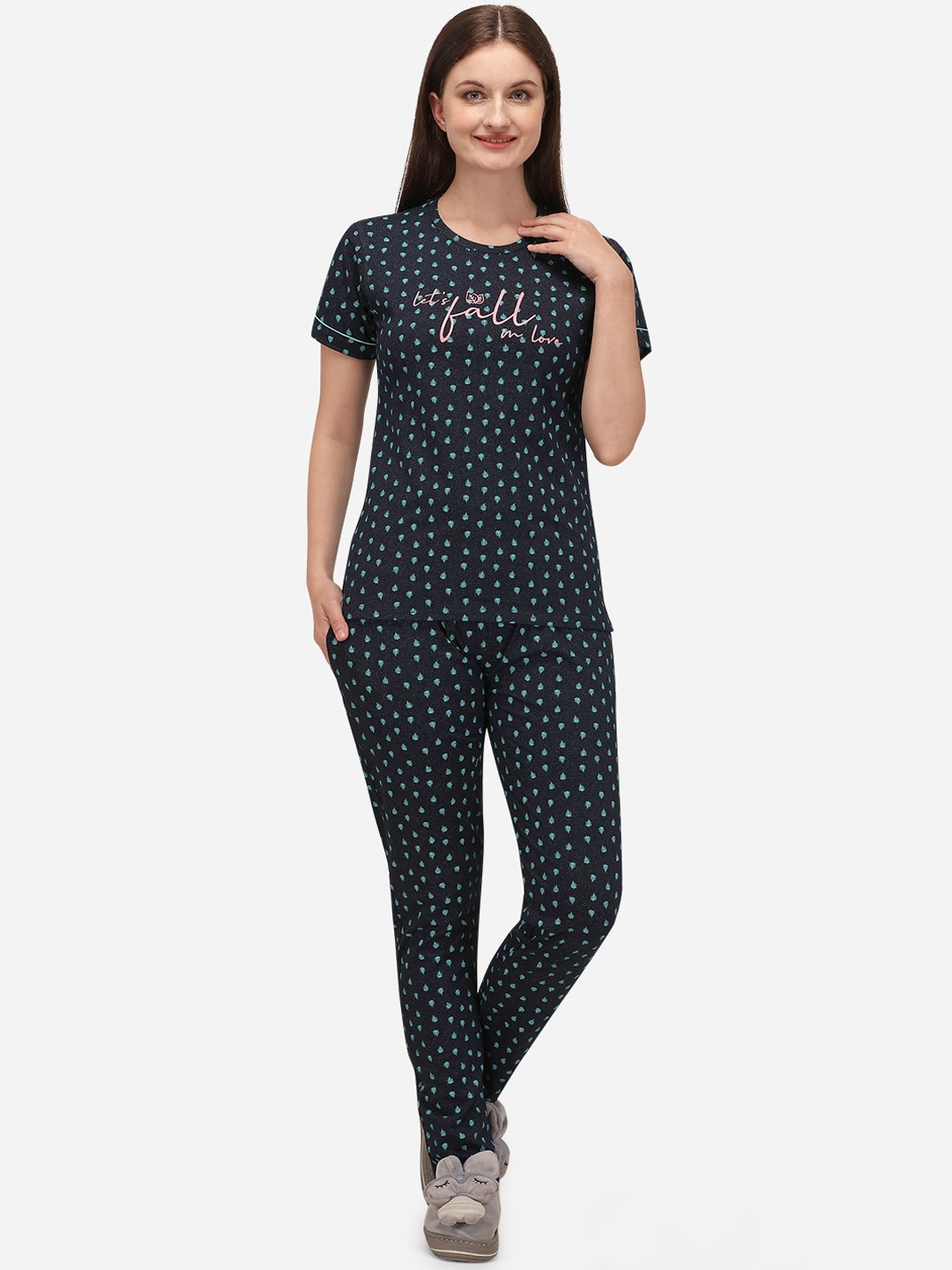 

Lenissa Women Navy Blue Printed Night suit