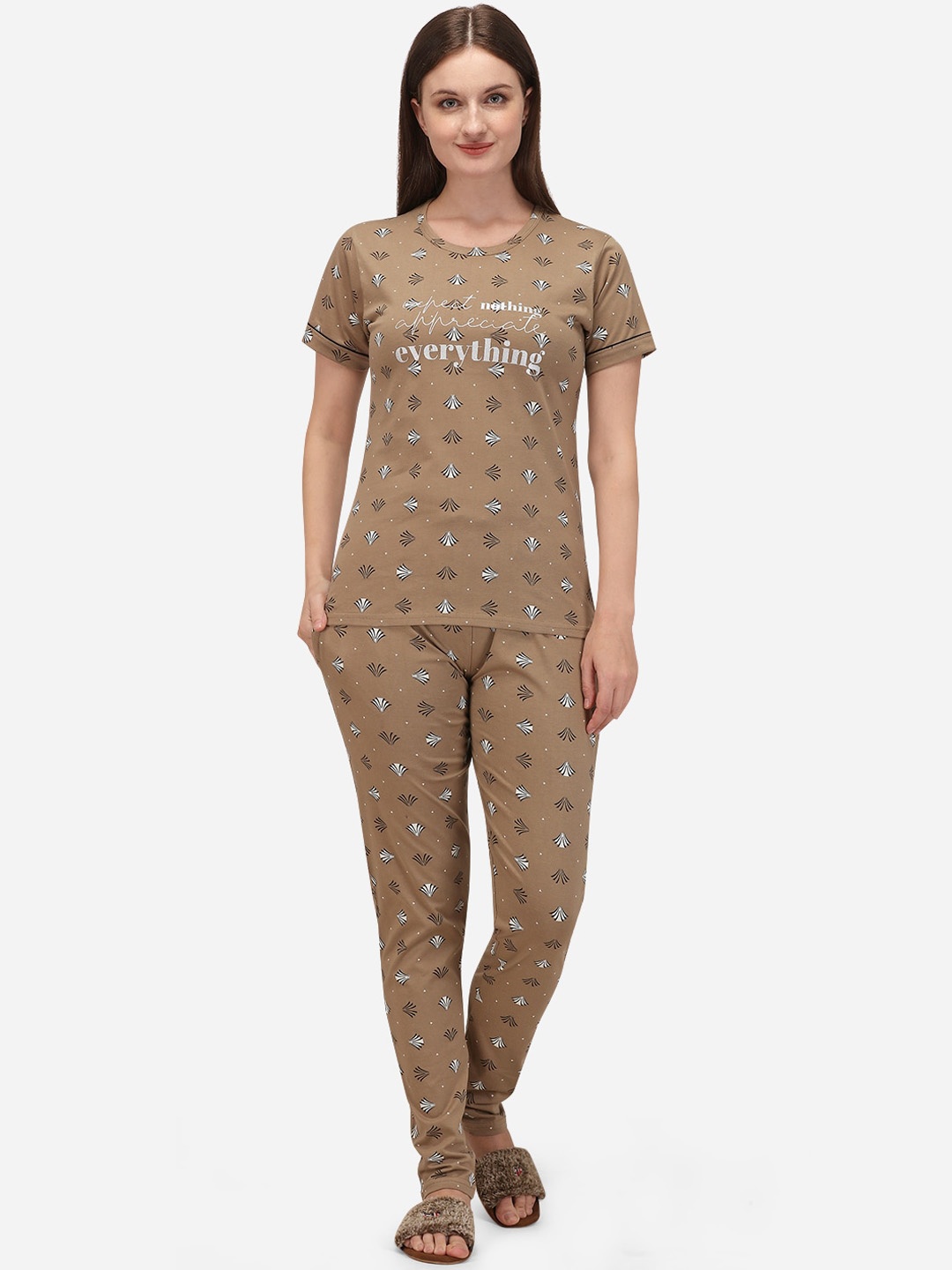 

Lenissa Women Beige & Black Printed Pure Cotton Night suit