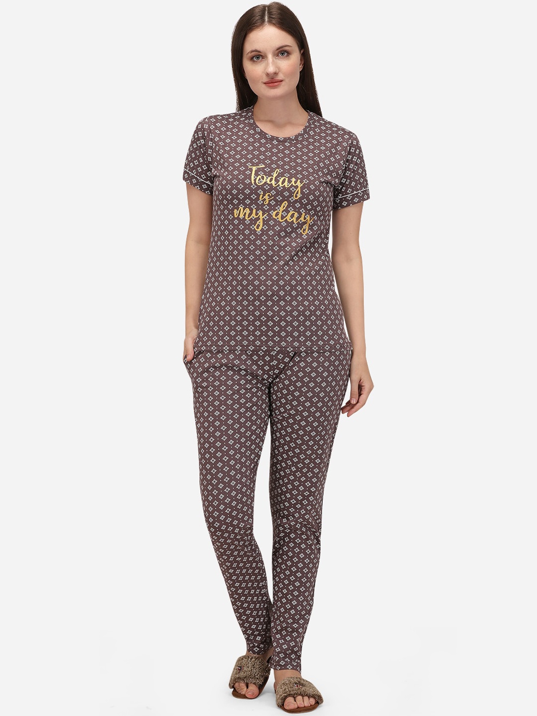 

Lenissa Women Coffee Brown & White Printed Night suit