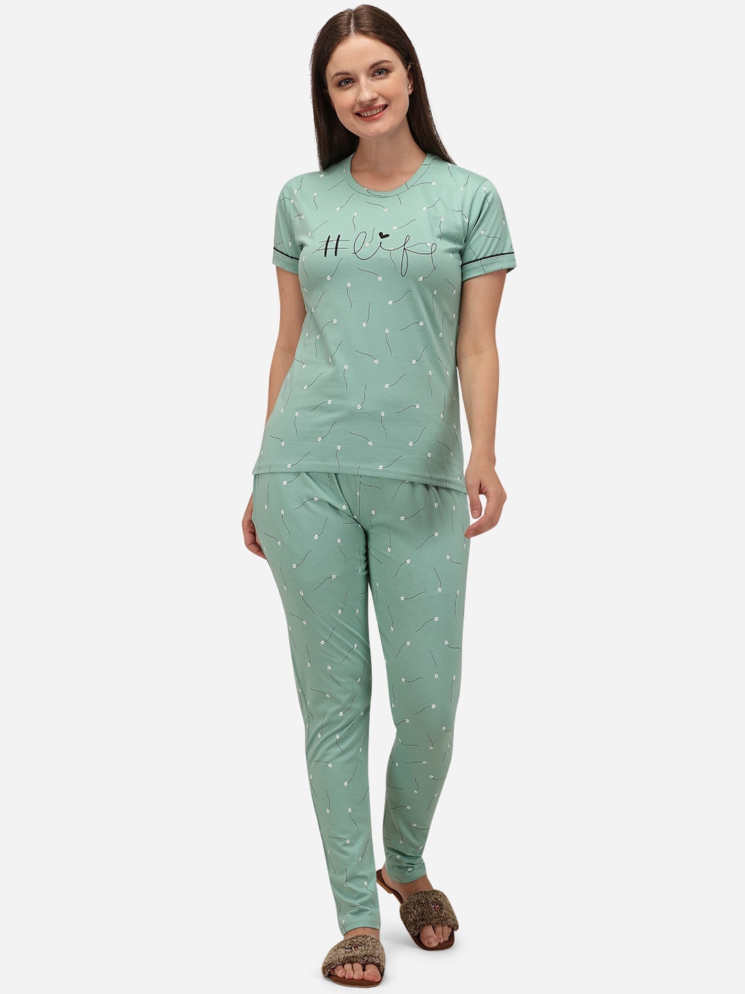 

Lenissa Women Sea Green Printed Pure Cotton Night suit