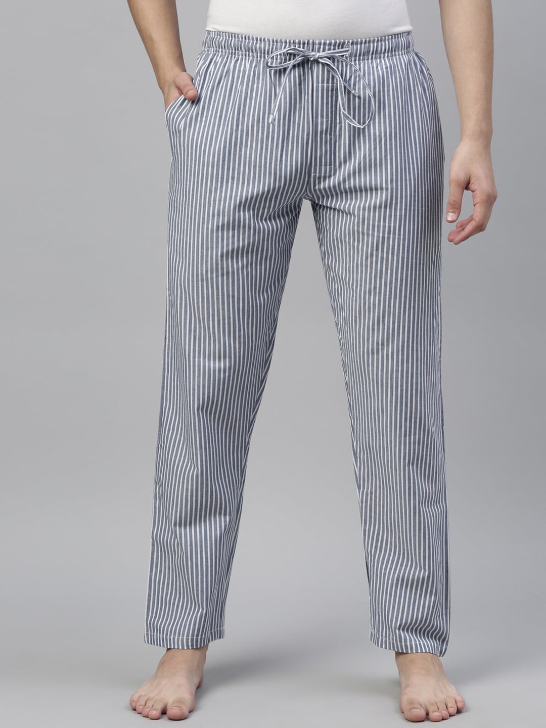 

Joven Men Navy Blue & White Striped Cotton Relaxed-Fit Lounge Pants