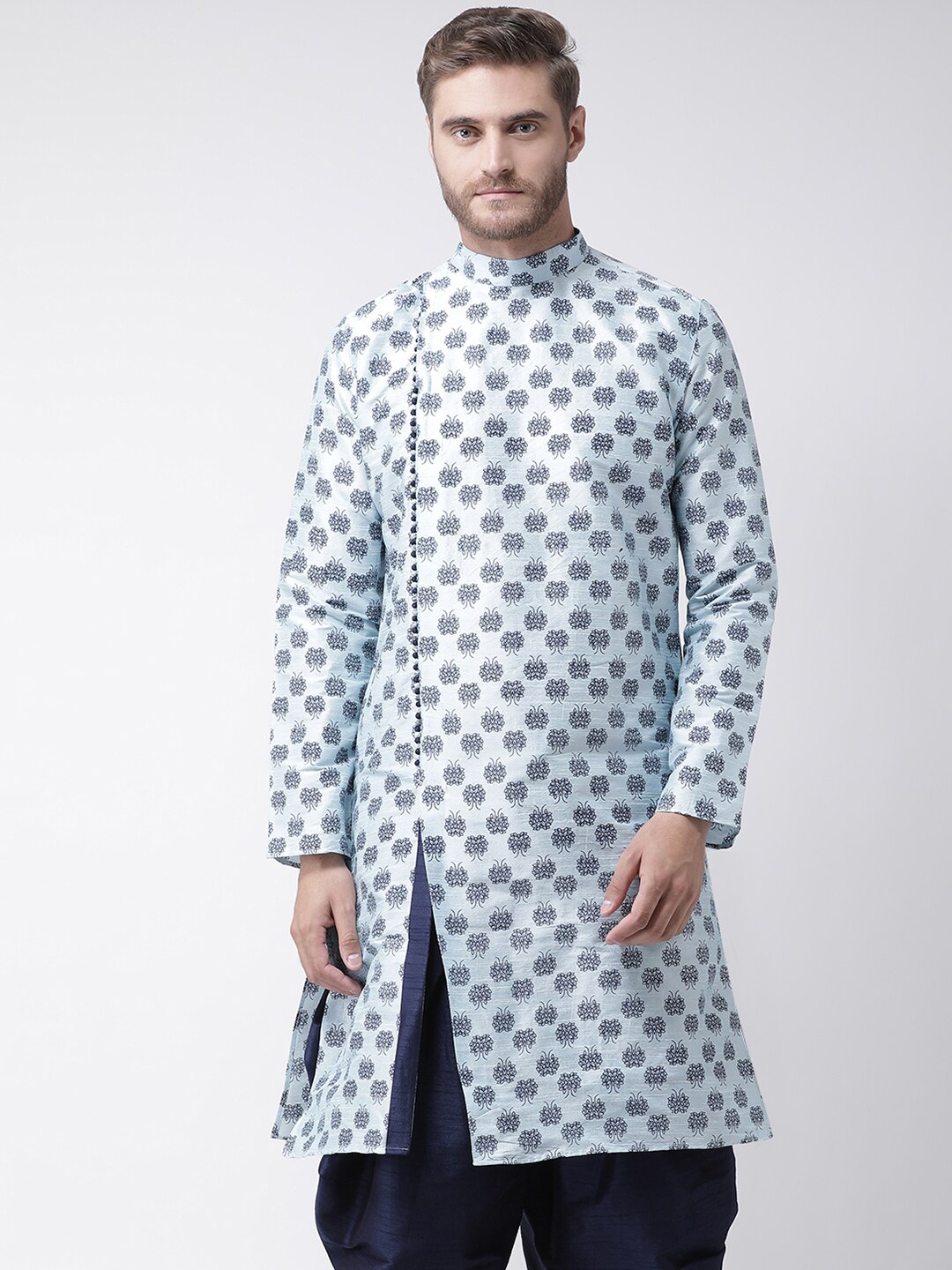 

DEYANN Men Blue & Navy Blue Floral Printed Angrakha Dupion Silk Kurta with Dhoti Pant