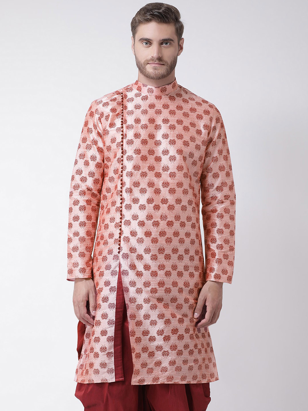 

DEYANN Men Peach-Coloured Ethnic Motifs Printed Angrakha Dupion Silk Kurta with Dhoti Pant