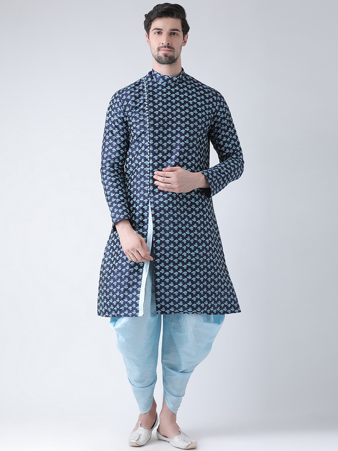 

DEYANN Men Navy Blue Ethnic Motifs Printed Angrakha Dupion Silk Kurta with Patiala