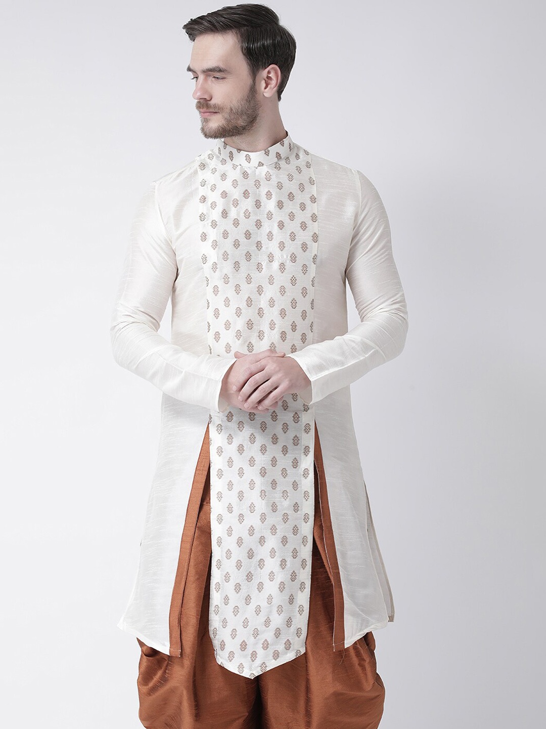 

DEYANN Men Off White Ethnic Motifs Printed Angrakha Dupion Silk Kurta with Patiala
