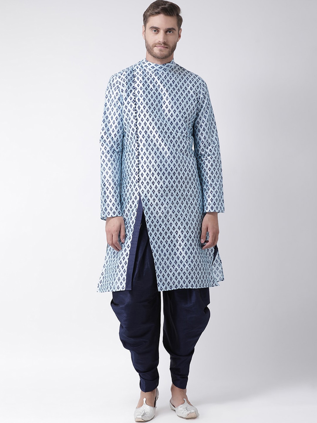 

DEYANN Men Blue Ethnic Motifs Printed Angrakha Dupion Silk Kurta with Patiala