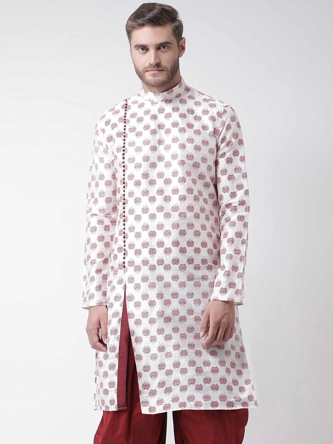 

DEYANN Men Off White Floral Angrakha Dupion Silk Kurta with Patiala