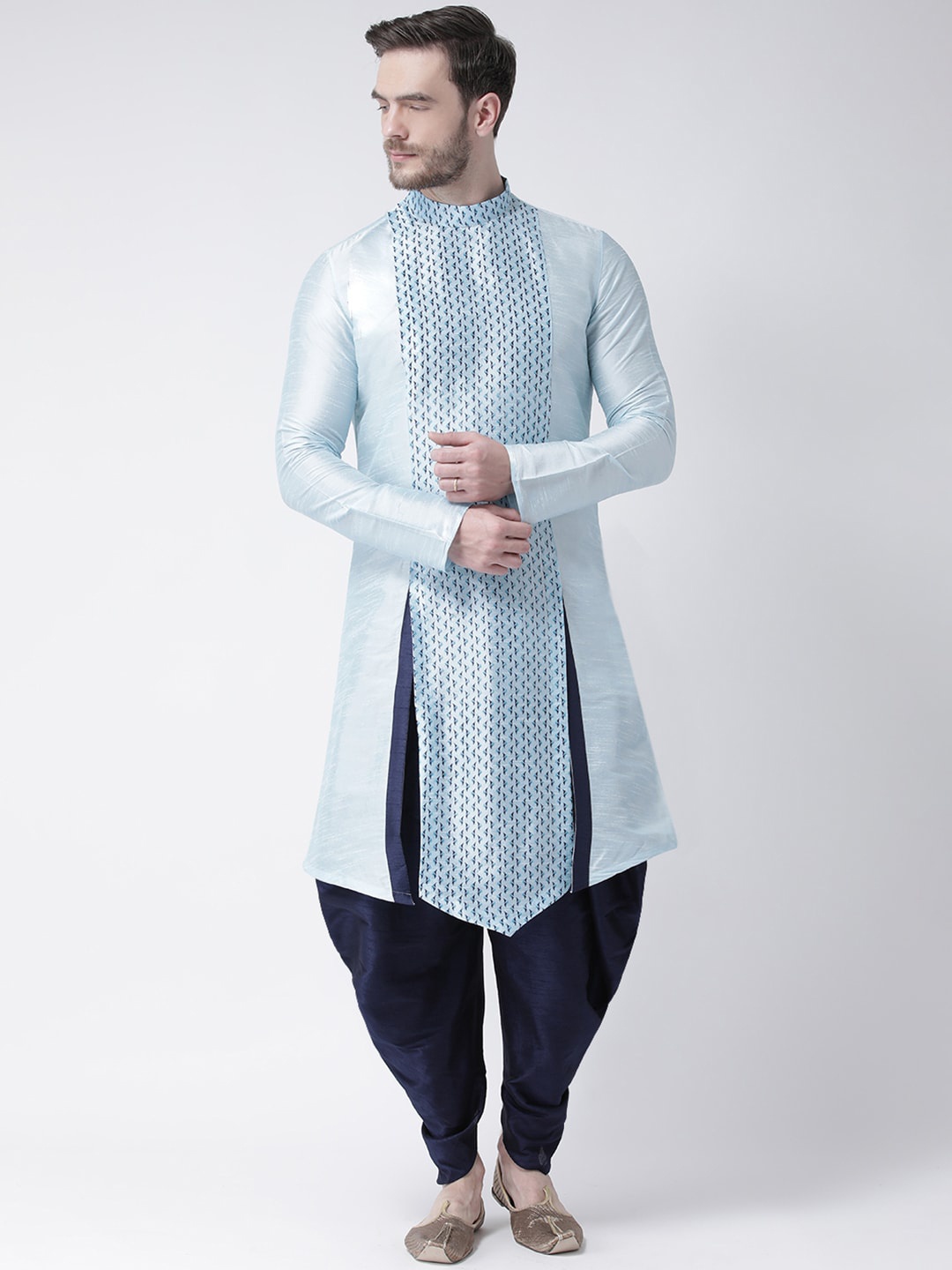 

DEYANN Men Blue & Navy Blue Printed Angrakha Dupion Silk Kurta with Dhoti Pants