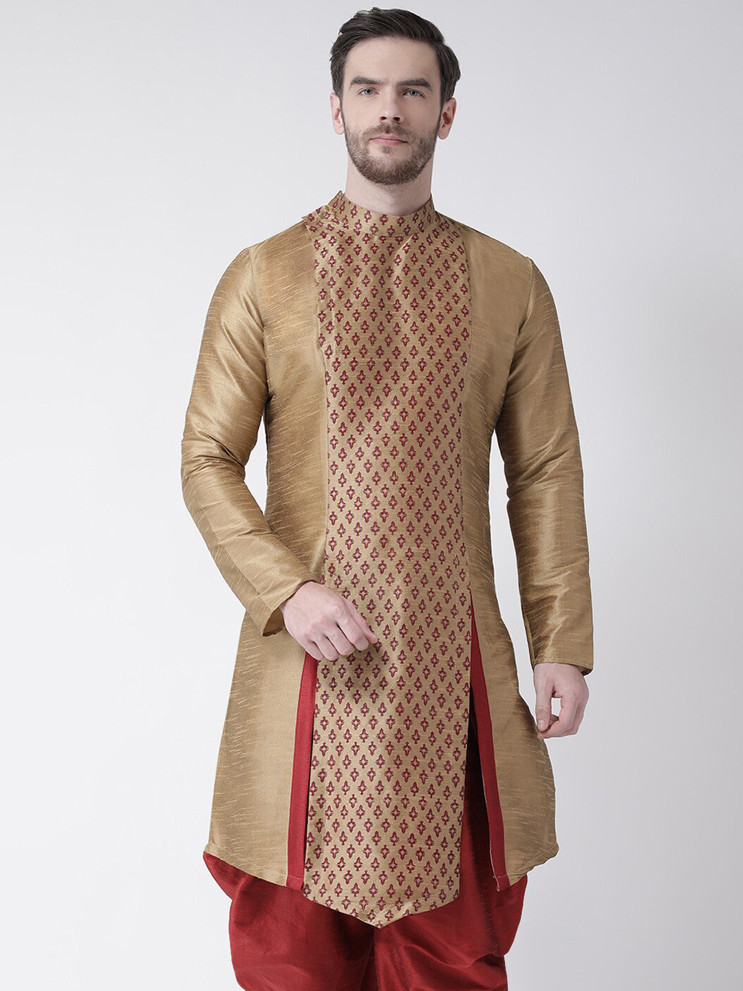 

DEYANN Men Brown & Maroon Ethnic Motifs Panelled Dupion Silk Kurta with Patiala