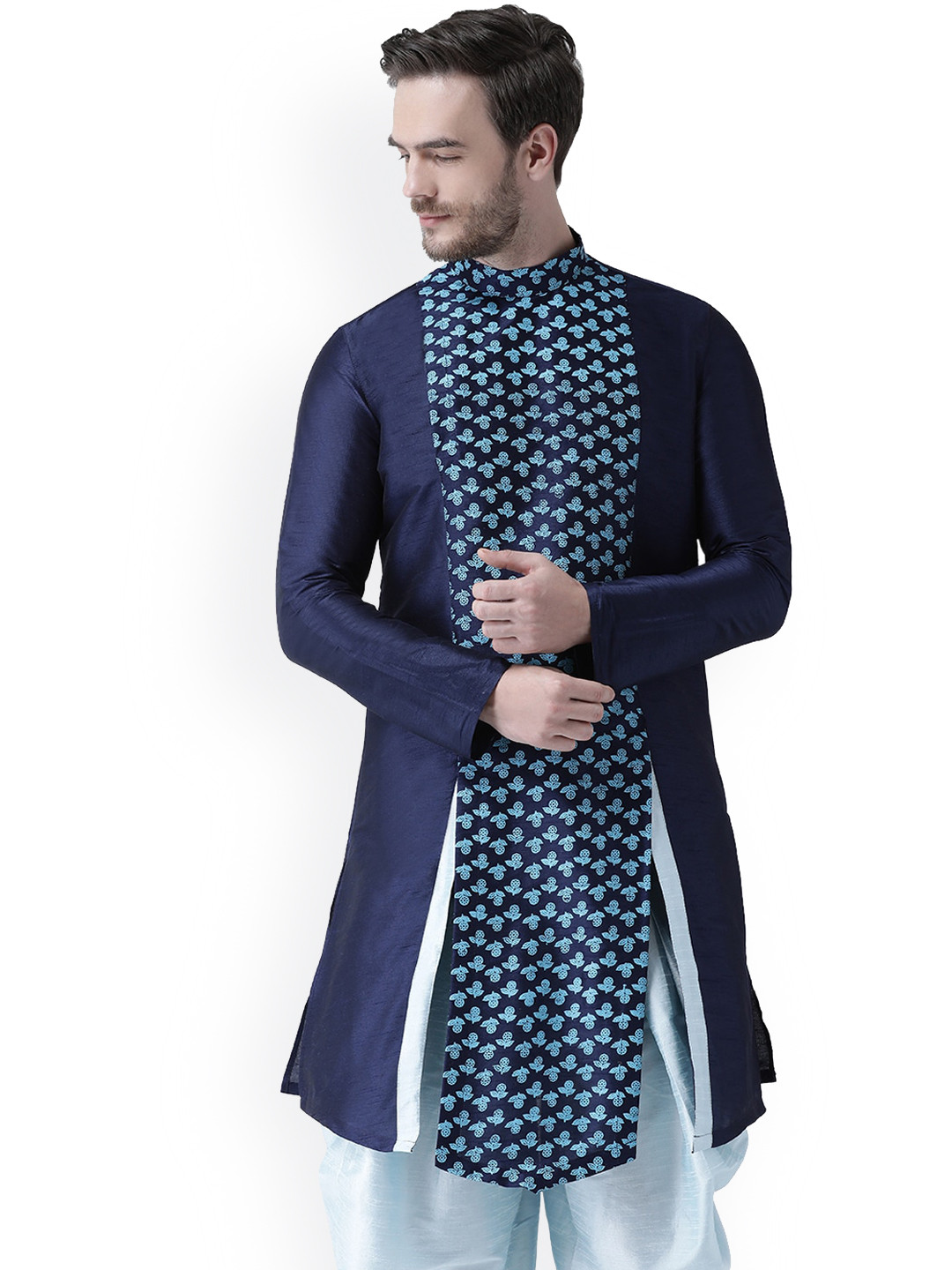 

DEYANN Men Navy Blue Floral Printed Dupion Silk Kurta with Patiala