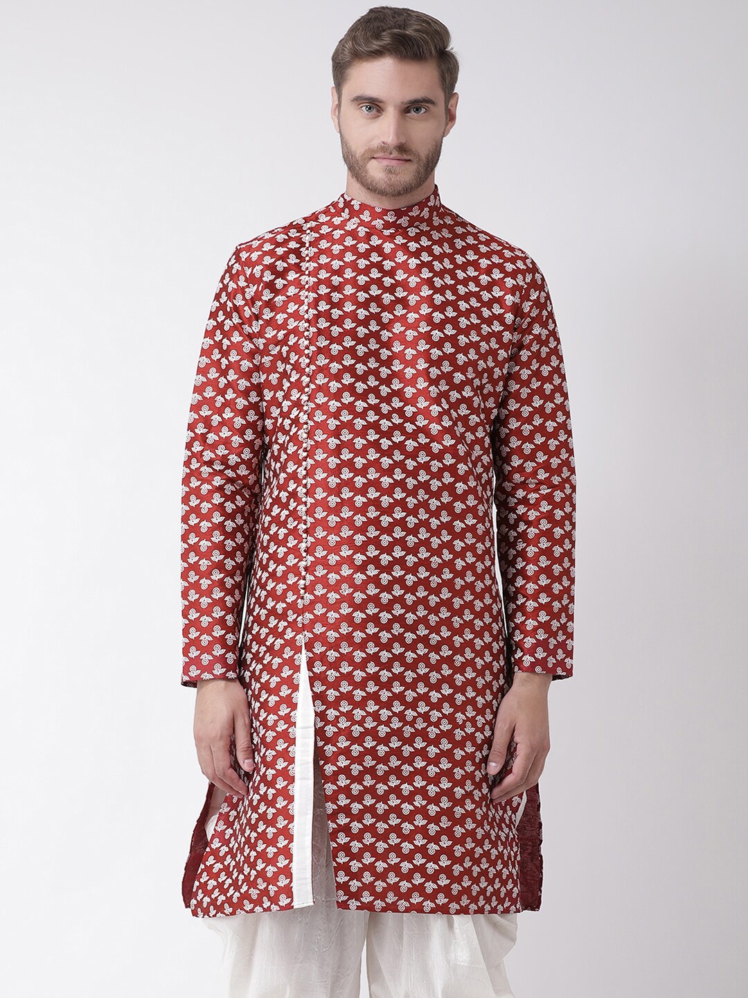 

DEYANN Men Red Ethnic Motifs Printed Angrakha Dupion Silk Kurta with Patiala