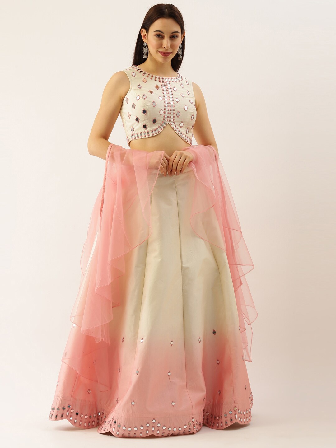 

panchhi Pink & White Mirror Work Handmade Ready to Wear Lehenga & Blouse With Dupatta