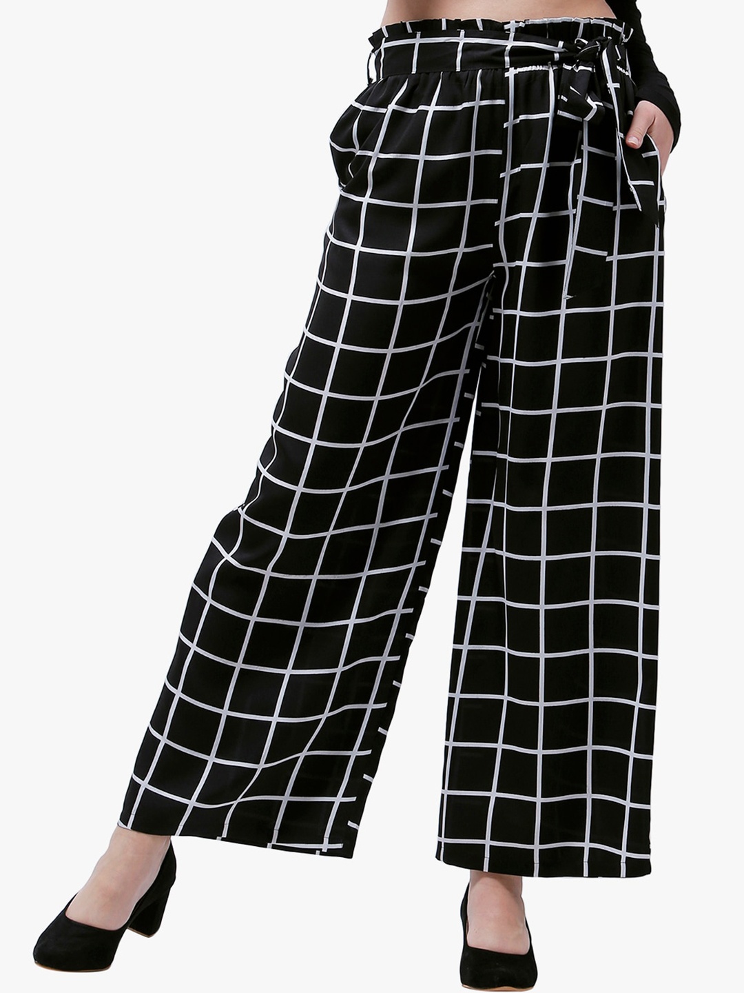 

Zastraa Women Black & White Checked Smart Flared High-Rise Pleated Culottes