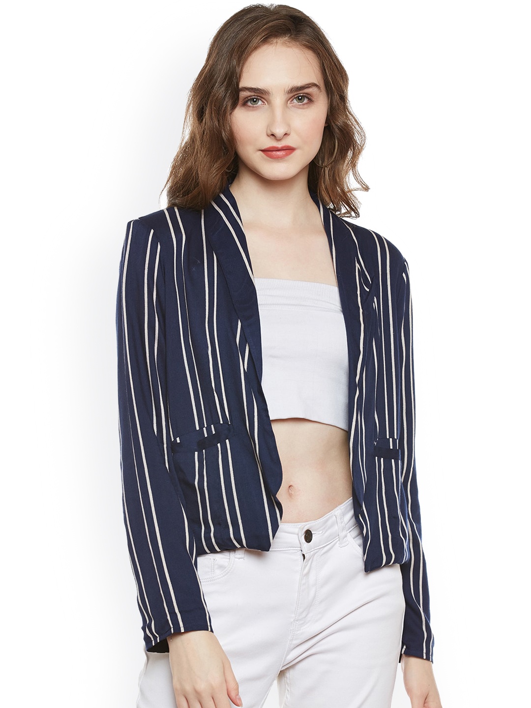 

Zastraa Women Navy Blue & White Striped Front-Open Coat
