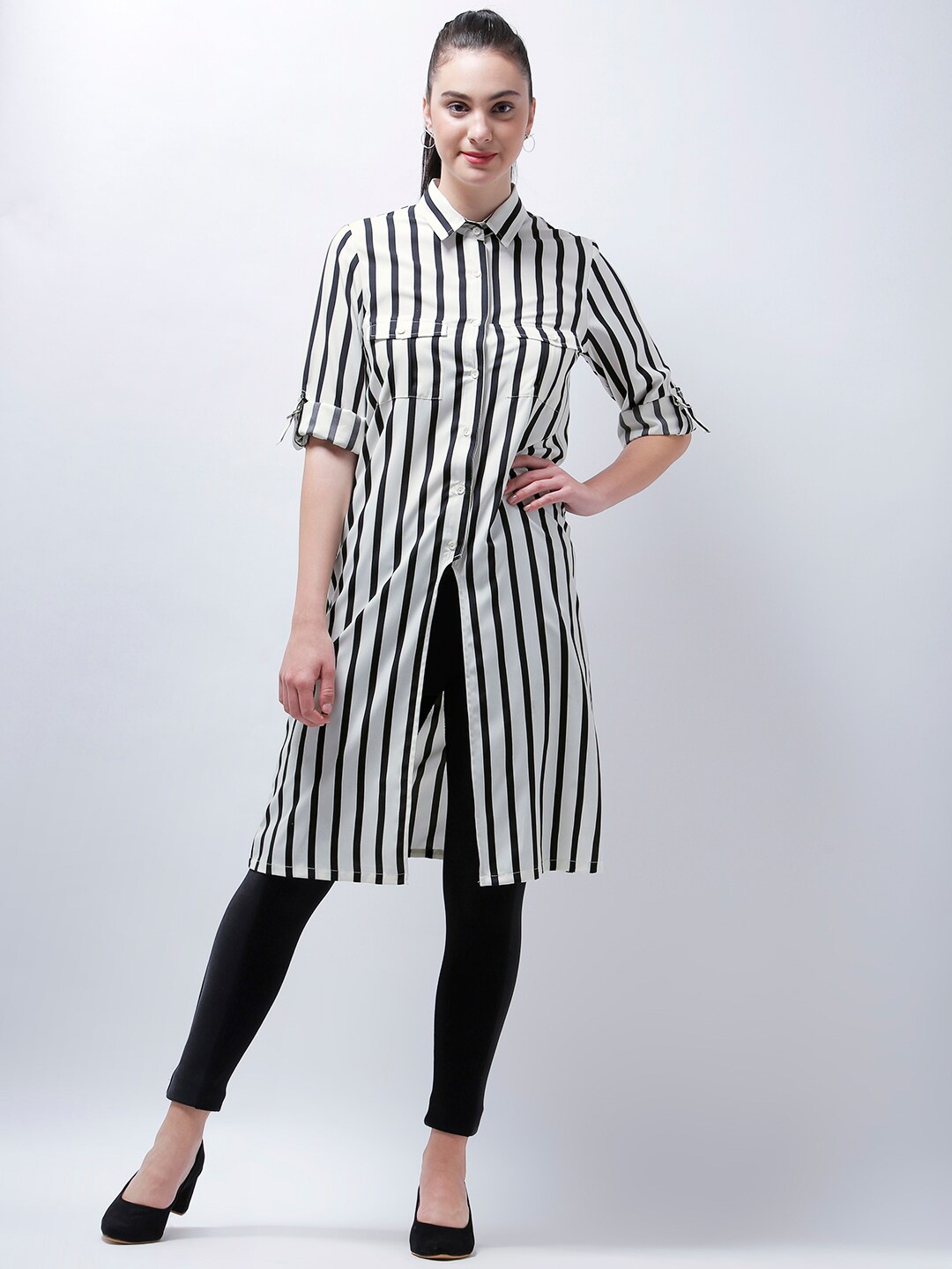 

Zastraa Women White Smart Striped Longline Casual Shirt