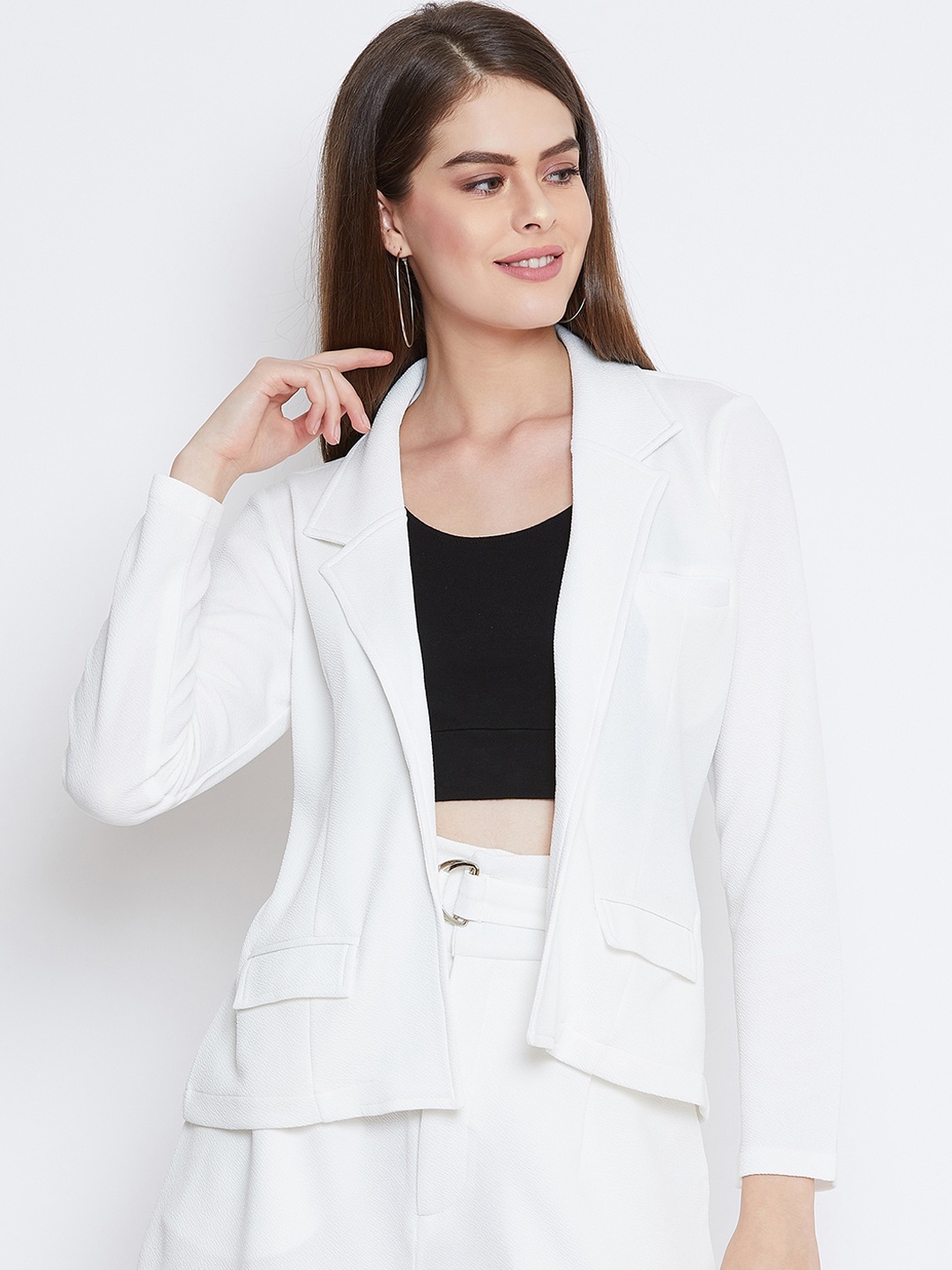 

Zastraa Women White Solid Single-Breasted Self Design Hip-Length Coat