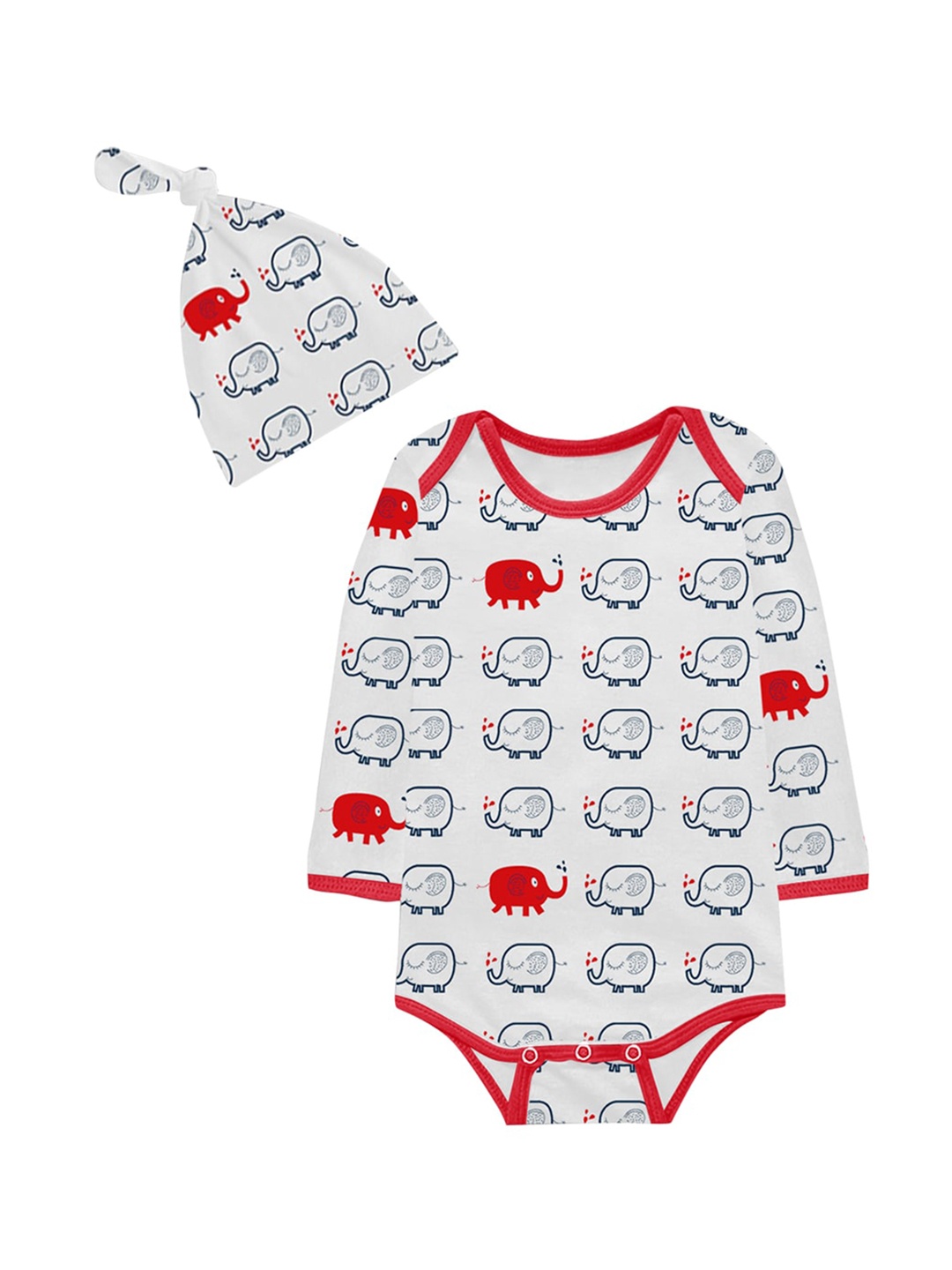 

A.T.U.N. Kids Combo of 2 White & Red Long Sleeve Onesie with Knot hat Set