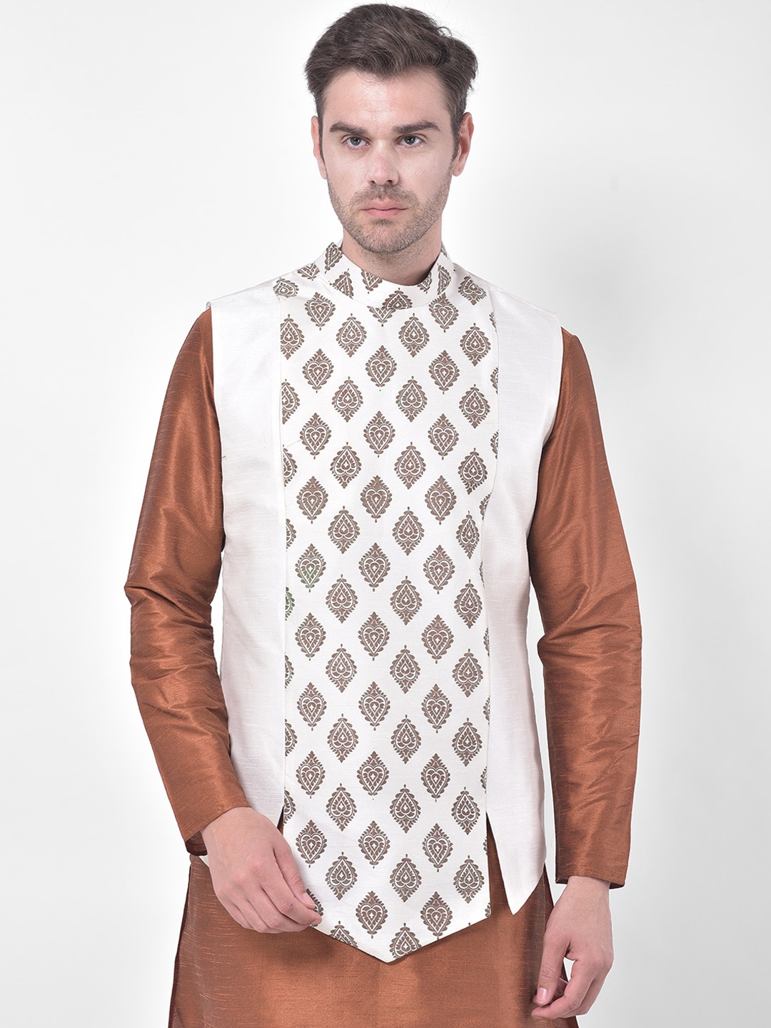 

DEYANN Men Printed Off White Dupion Silk Ethnic Jacket
