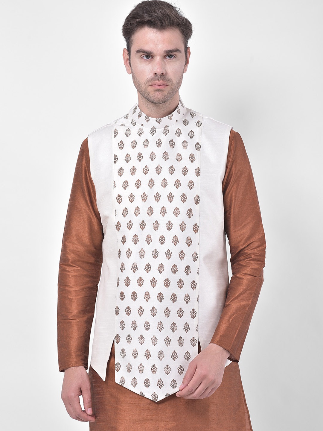 

DEYANN Men Off White & Brown Printed Woven Nehru Jacket