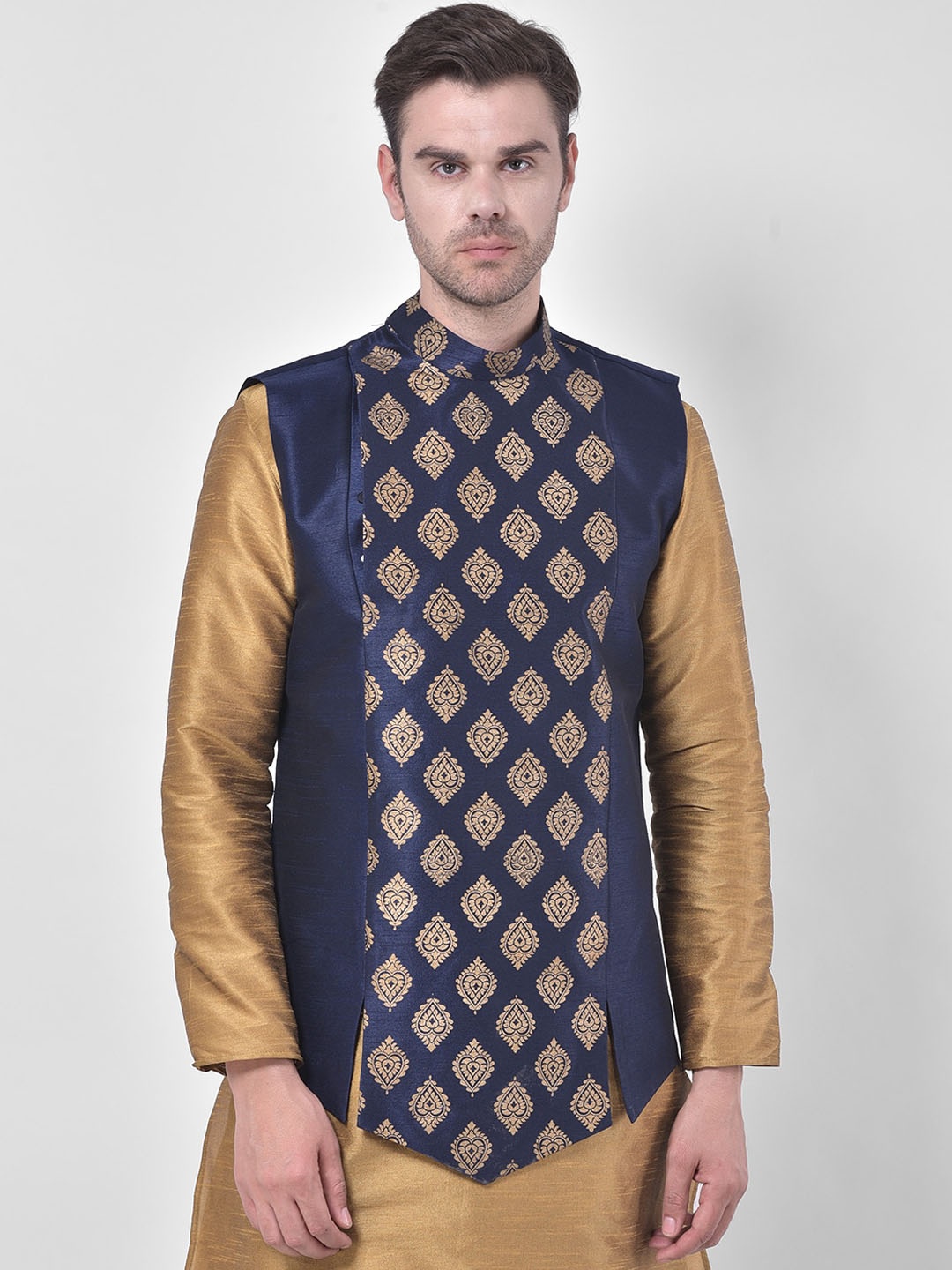 

DEYANN Men Navy Blue & Gold-Toned Ethnic Motifs Printed Nehru Jacket