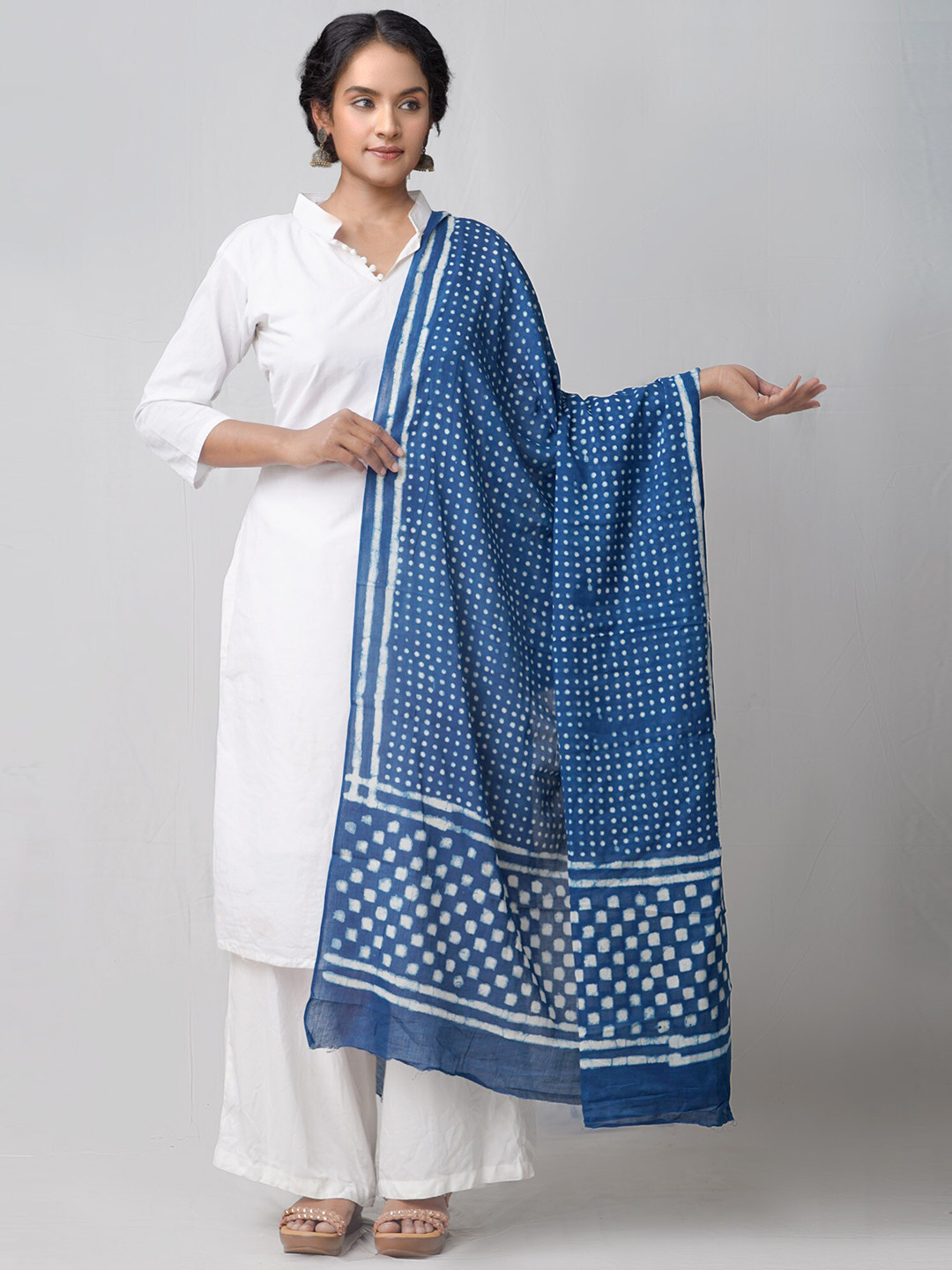

Unnati Silks Blue & White Ethnic Motifs Dabu Printed Pure Cotton Dupatta