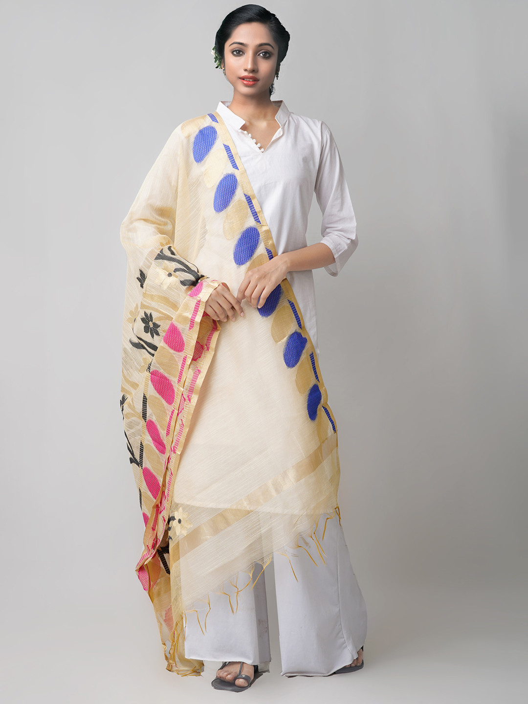 

Unnati Silks Cream-Coloured & Purple Ethnic Motifs Woven Design Dupatta