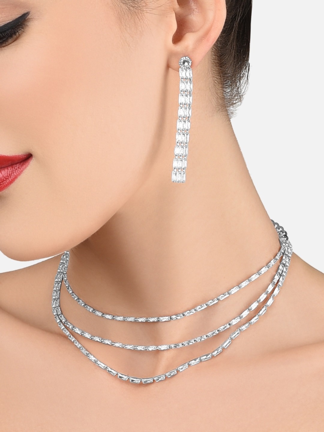 

AMI Silver-Plated & White CZ-Studded Layered Jewellery Set