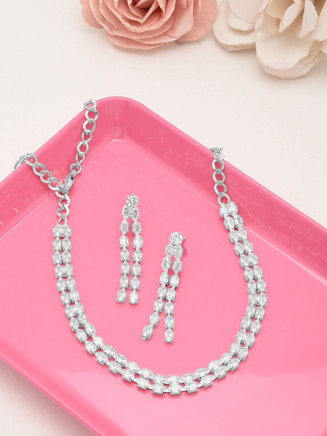 

AMI Silver-Plated & White CZ Stone-Studded Jewellery Set