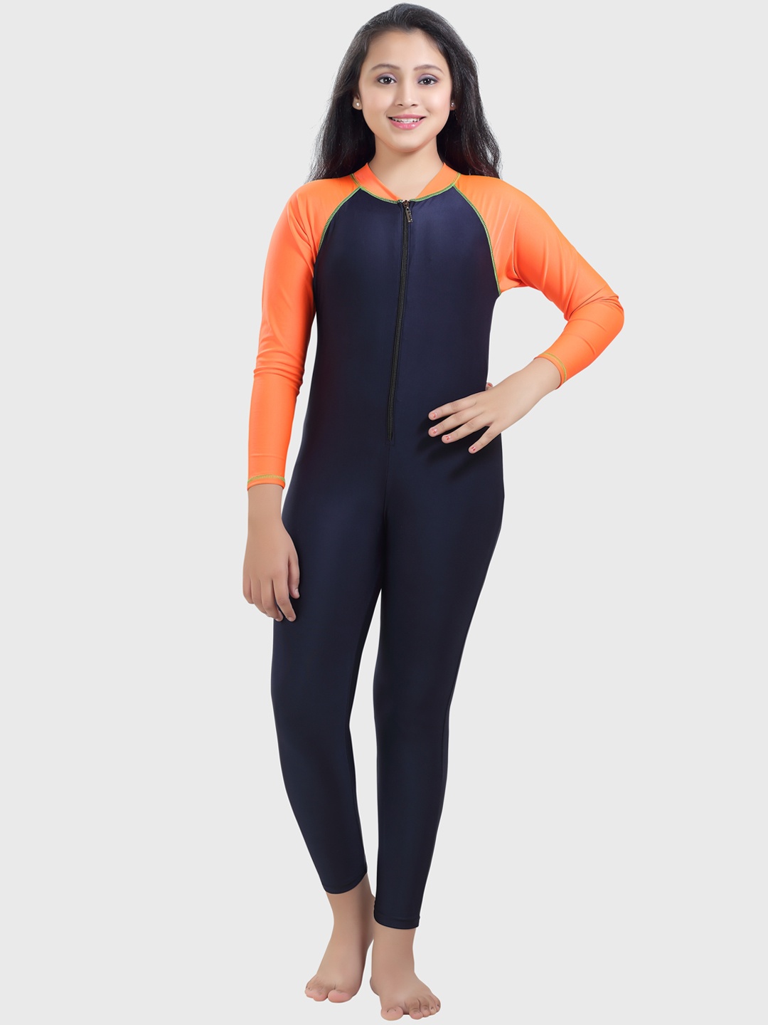

ROVARS Unisex Kids Navy Blue & Orange Solid Full Bodysuit