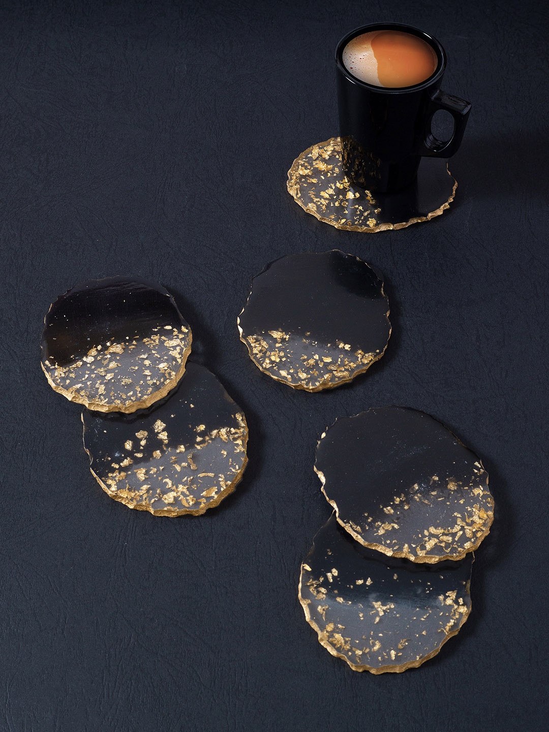 

Golden Peacock Set Of 6 Coasters, Black