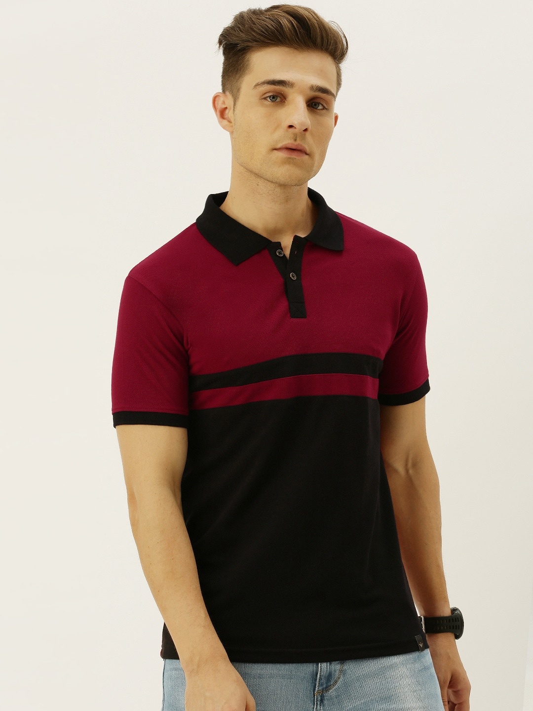 

VEIRDO Men Maroon & Navy Blue Colourblocked Polo Collar T-shirt