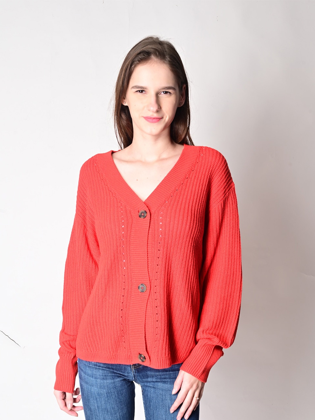 

NoBarr Women Red Ribbed Cardigan