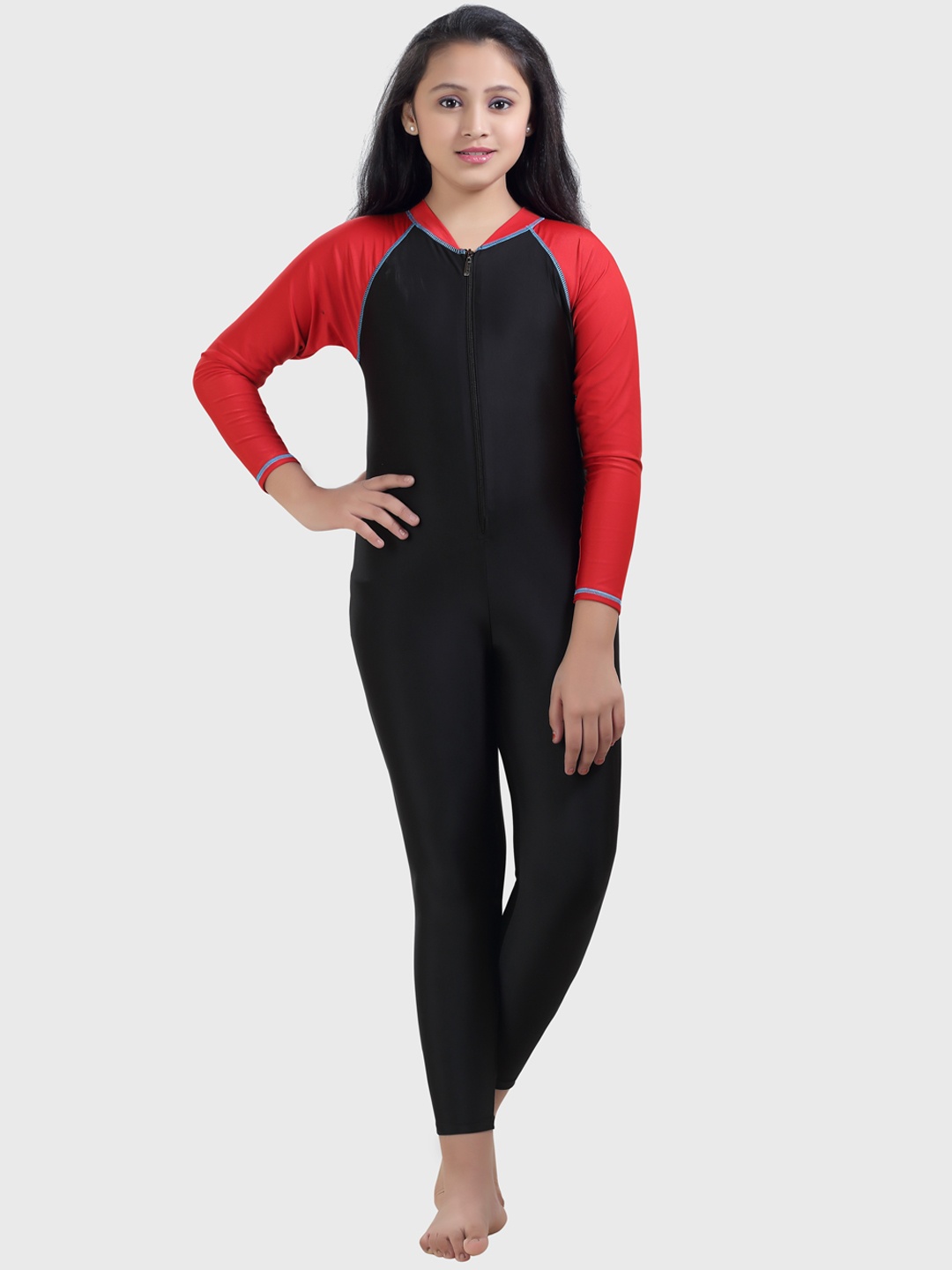 

ROVARS Unisex Kids Black & Red Solid Swim Full Bodysuit