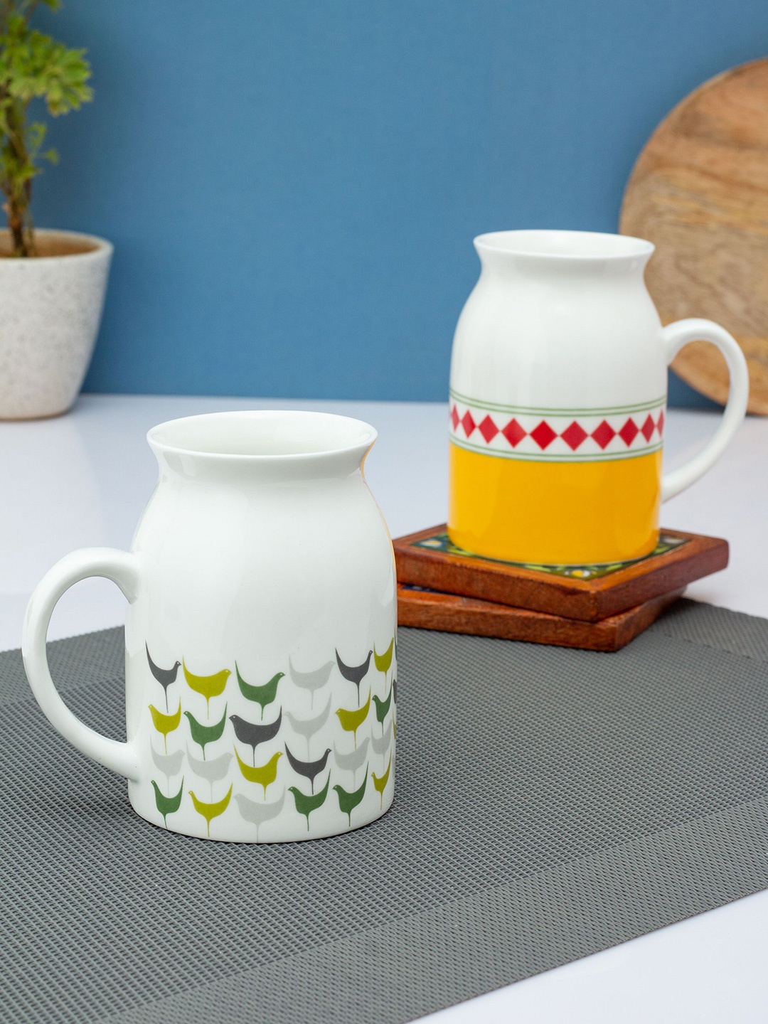 

CLAY CRAFT White & Yellow Printed Ceramic Glossy Mugs Set of Cups and Mugs