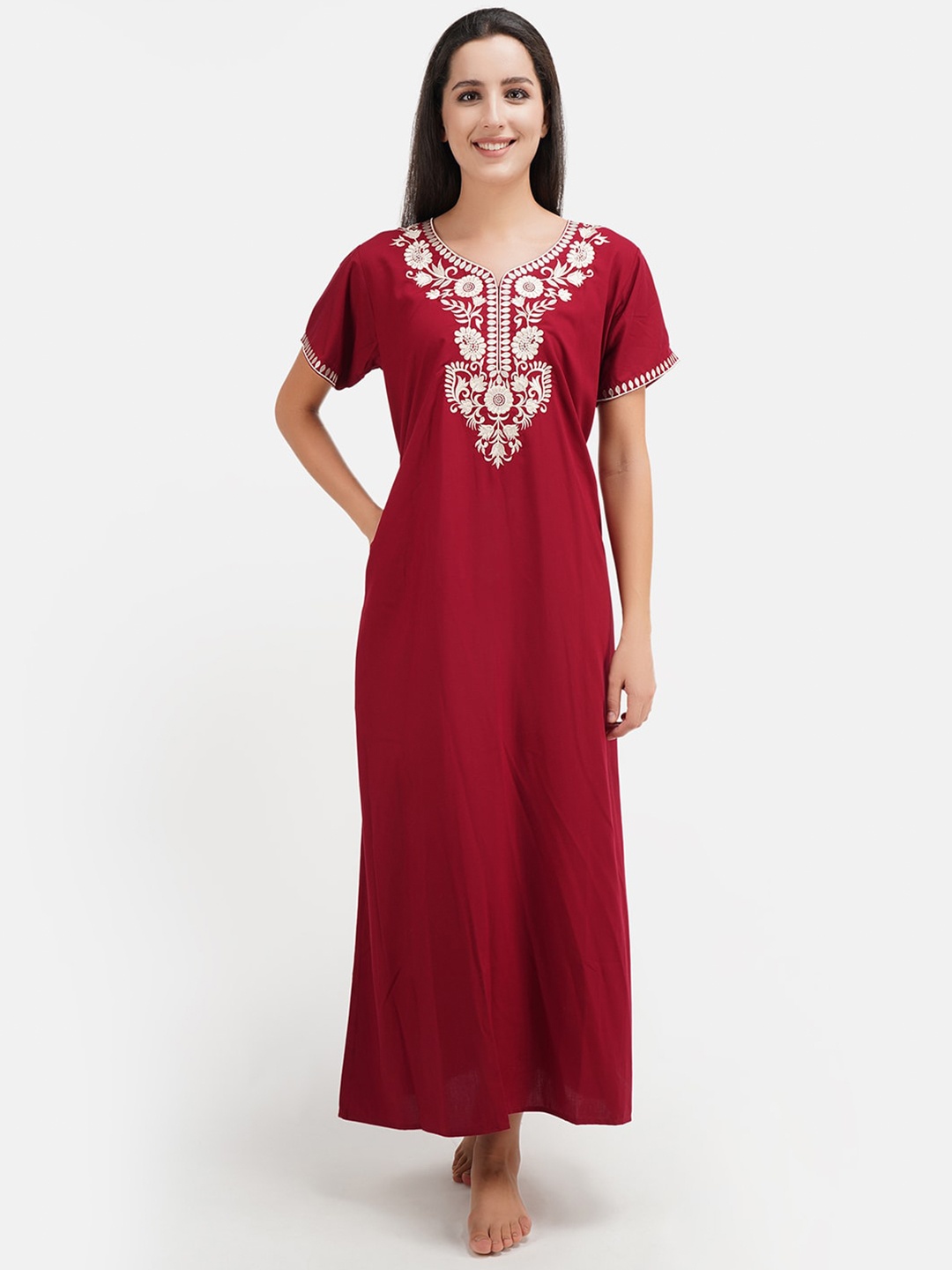 

KOI SLEEPWEAR Maroon Embroidered Maxi Nightdress