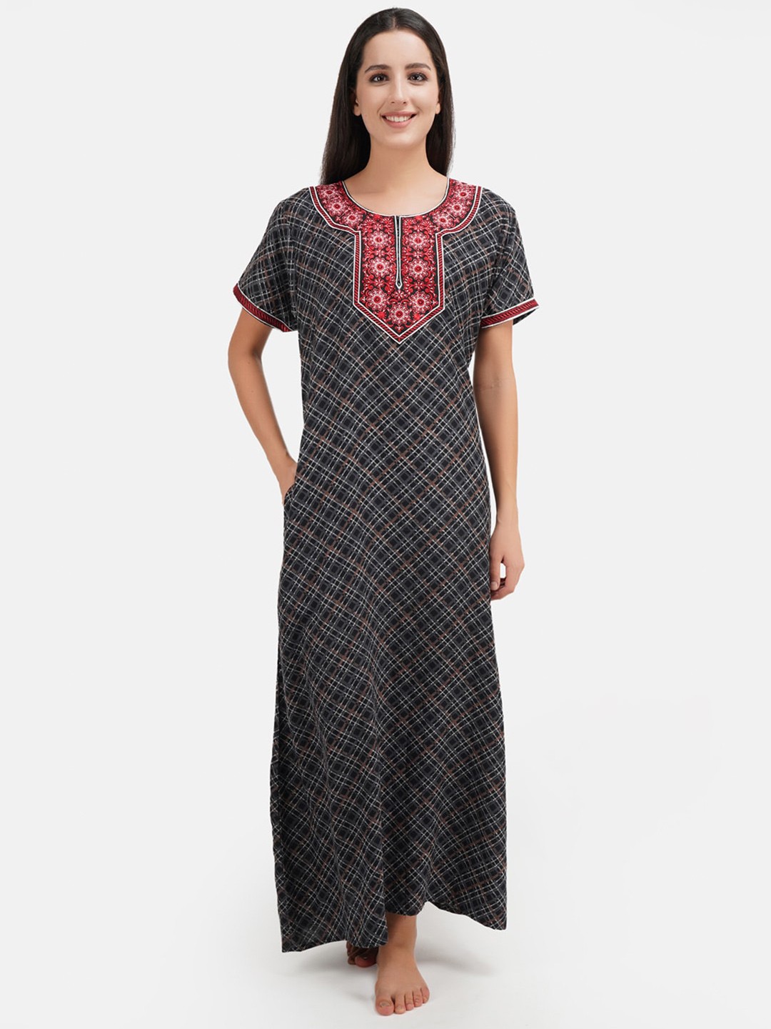

KOI SLEEPWEAR Black & Red Checked Maxi Nightdress