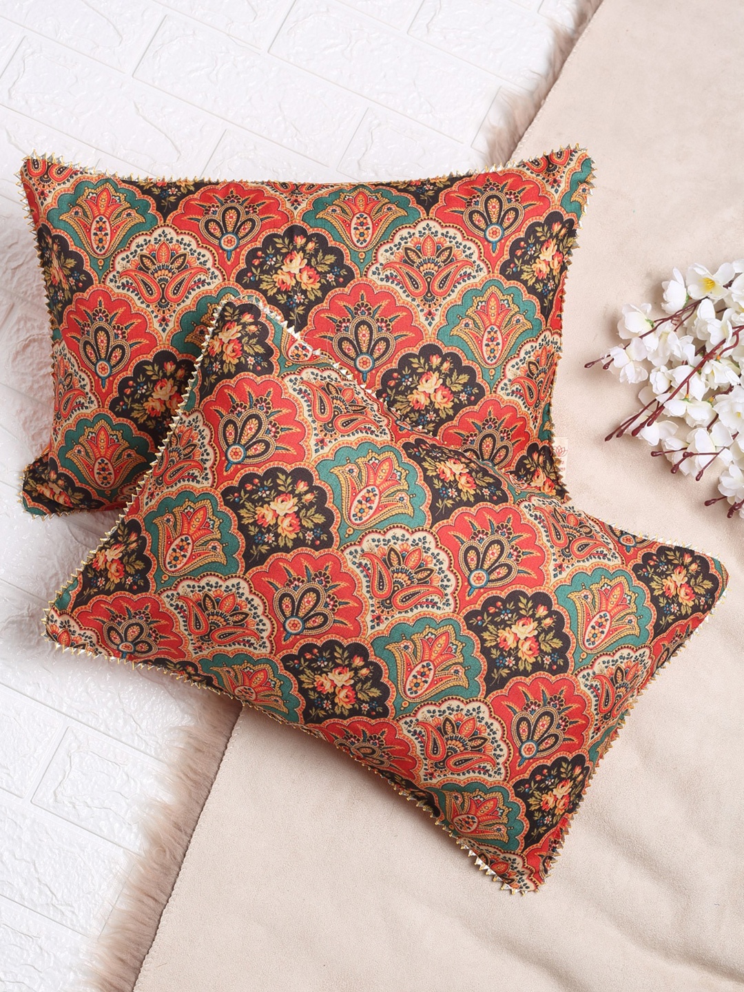 

SAKA DESIGNS Set of 2 Multicoloured Mughal Print Jacquard Rectangle Cushion Covers, Multi