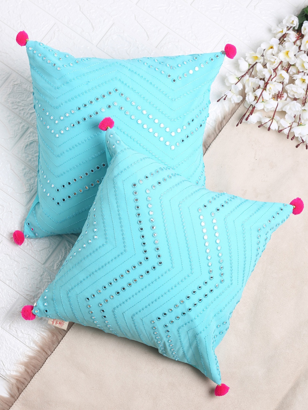 

SAKA DESIGNS Turquoise Blue Set of 2 Embroidered Square Cushion Covers