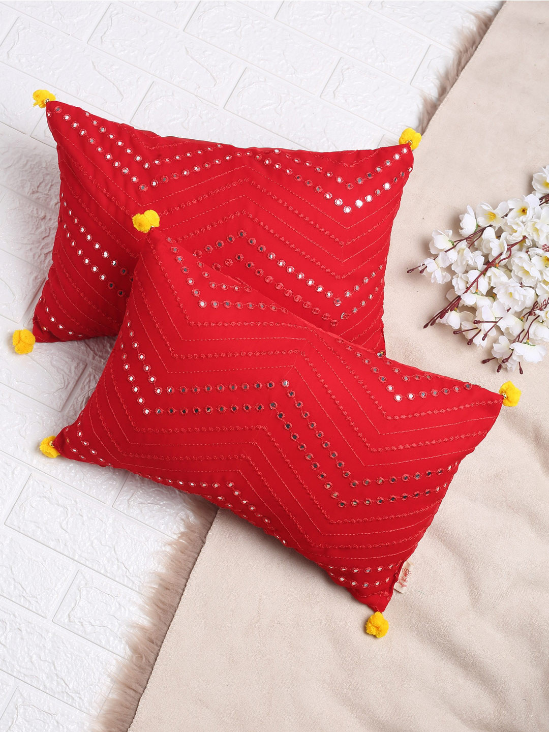 

SAKA DESIGNS Red Set of 2 Embroidered Mirror Work Rectangle Cushion Covers