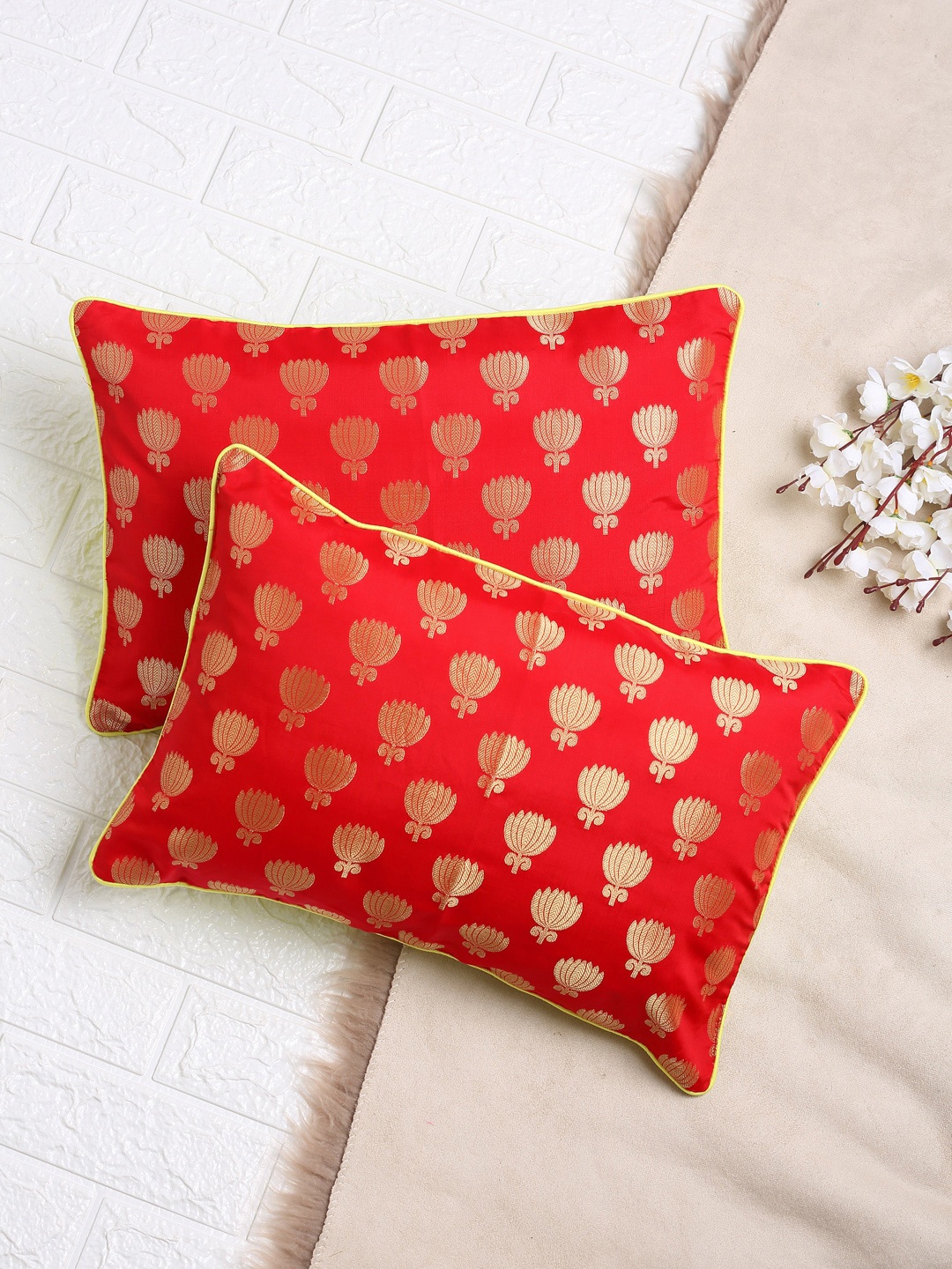 

SAKA DESIGNS Red & Yellow Set of 2 Ethnic Motifs Rectangle Cushion Covers