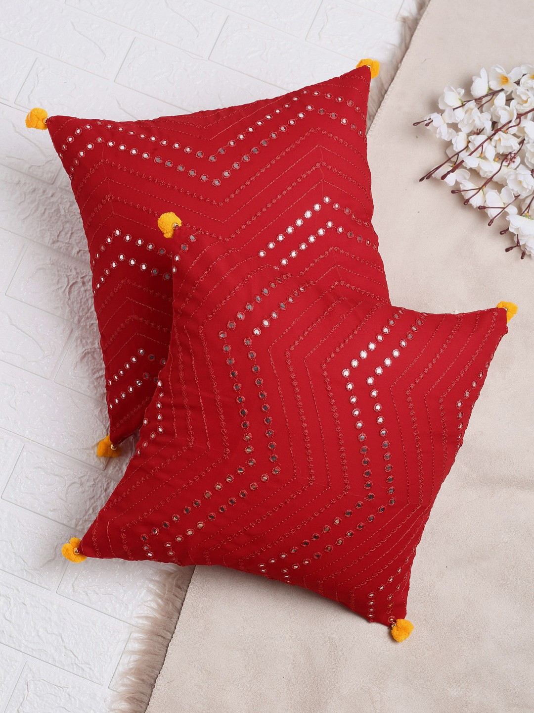 

SAKA DESIGNS Set of 2 Red & White Embroidered Square Cushion Covers