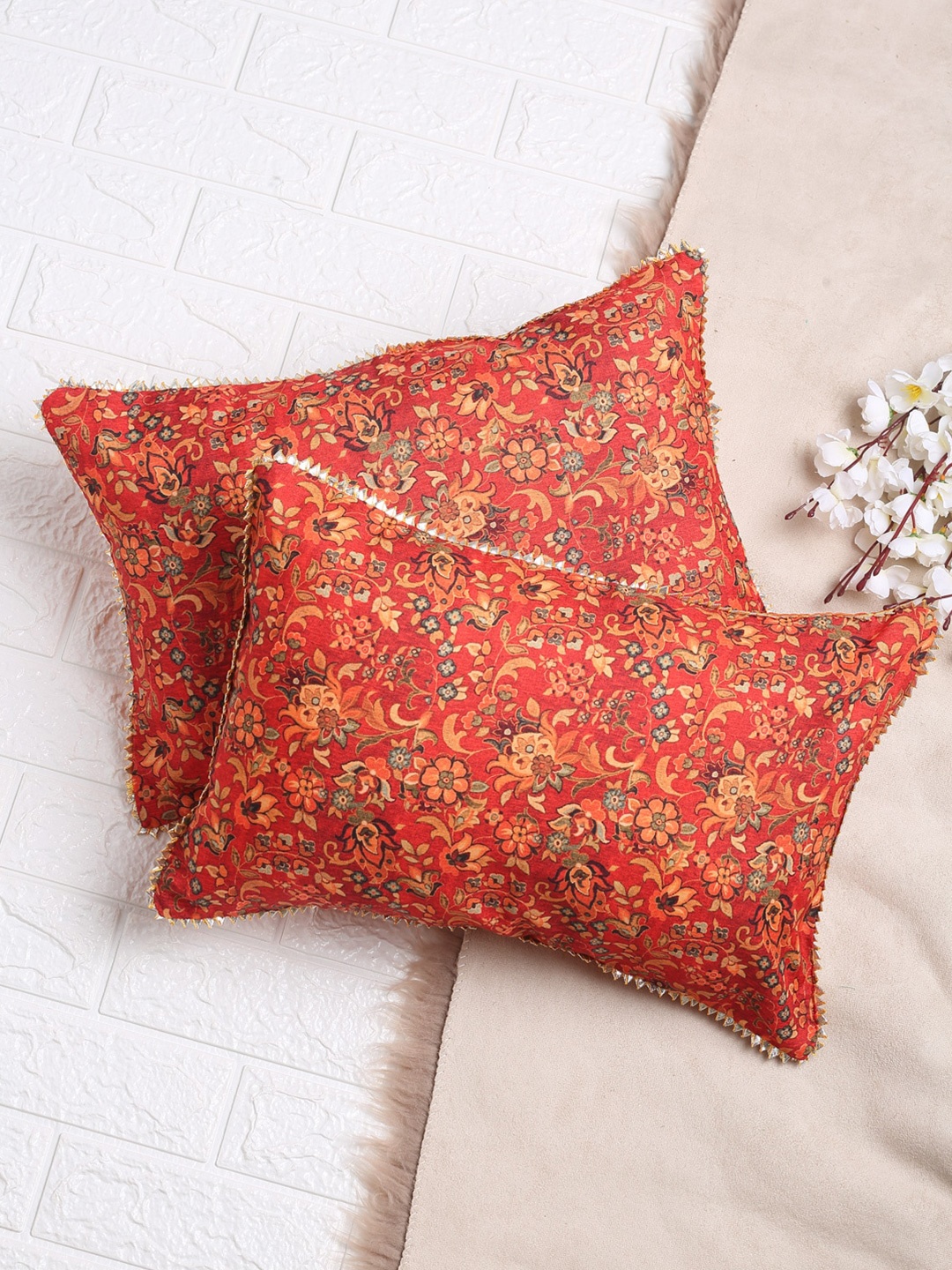 

SAKA DESIGNS Orange & Yellow Set of 2 Rectangle Floral Printed Cushion Covers