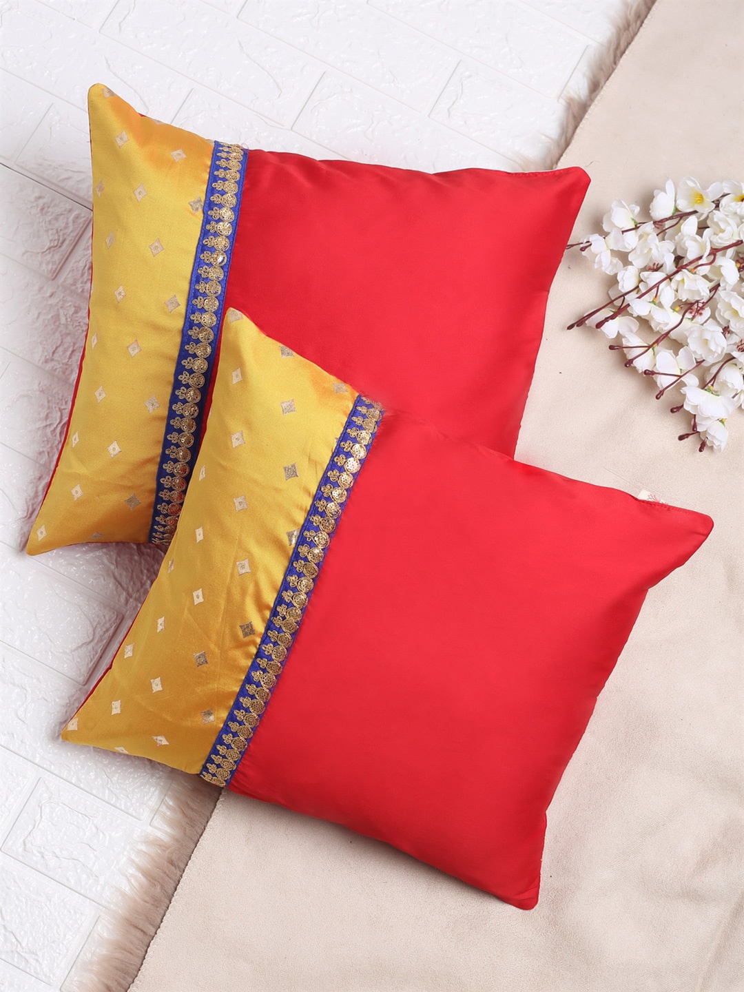

SAKA DESIGNS Red & Yellow Set of 2 Embellished Square Cushion Covers