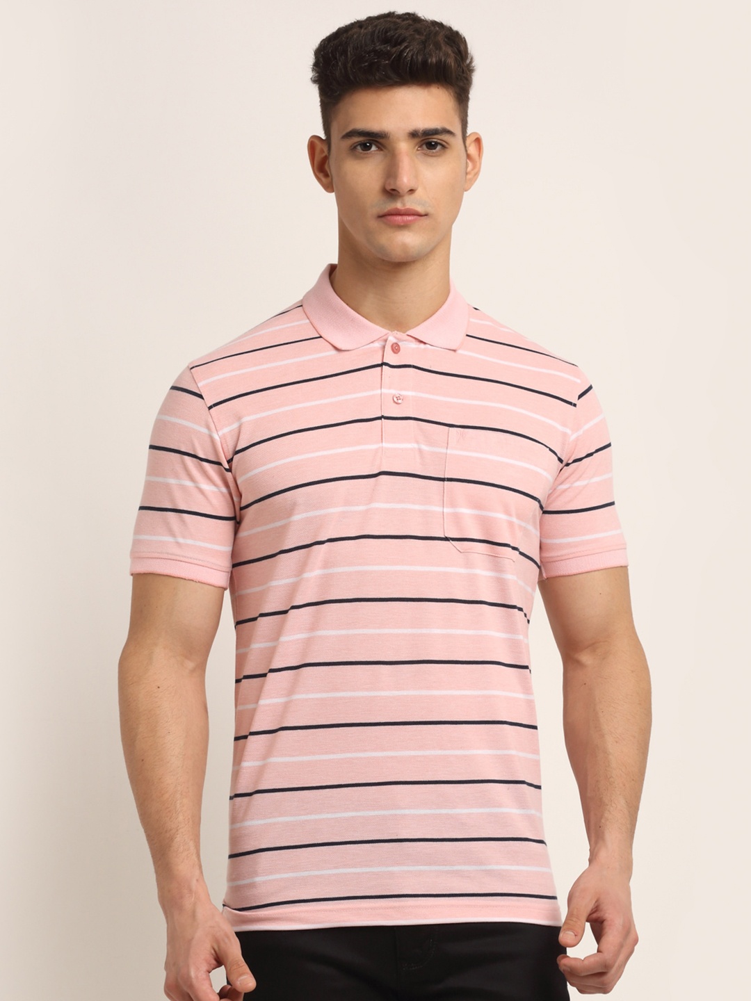 

VENITIAN Men Pink Striped Polo Collar T-shirt