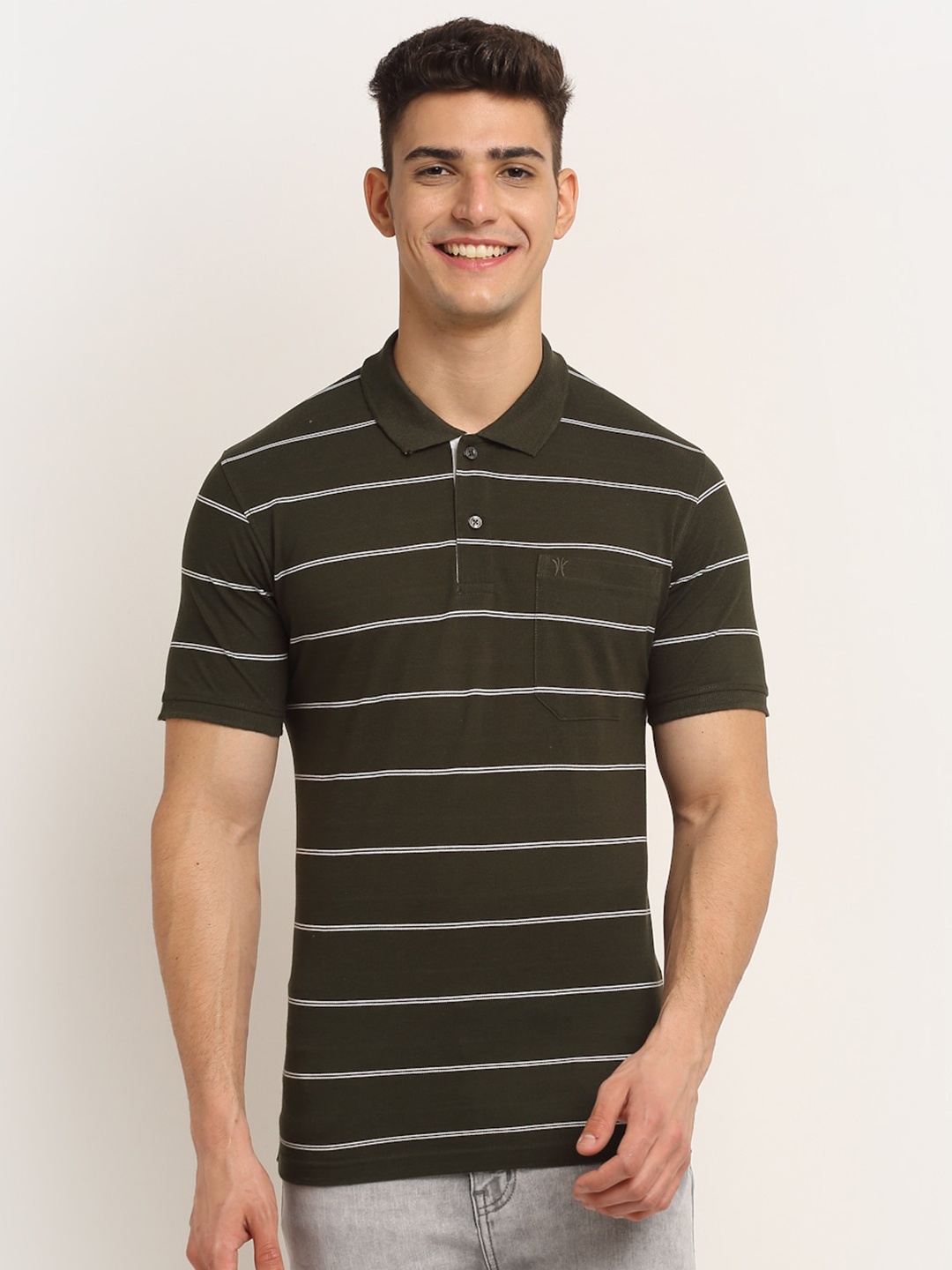 

VENITIAN Men Olive Green Striped Polo Collar Pockets T-shirt